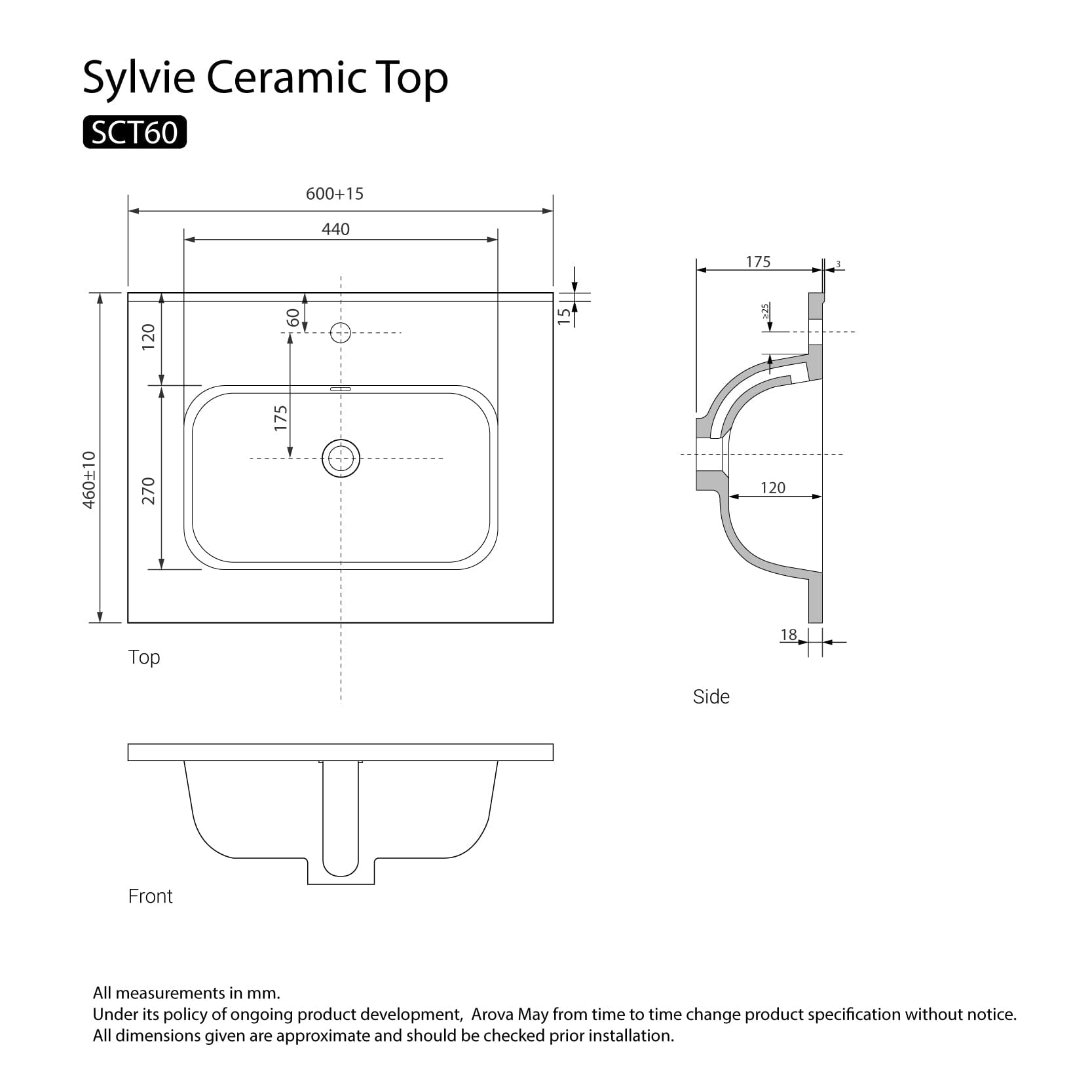 Sylvie 600mm Ceramic Vanity Top Vanity Top Arova 