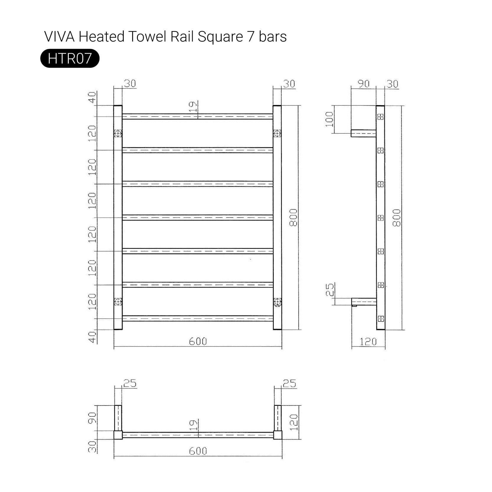 VIVA Heated Towel Rail Square Chrome Accessories Arova 