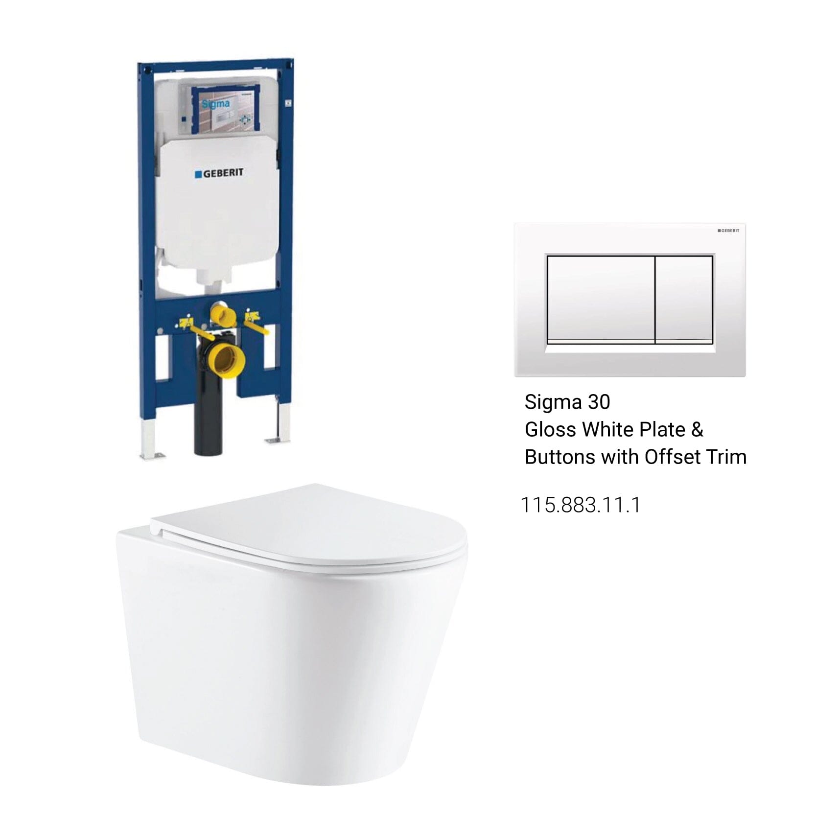 Yara51 Rimless Tornado Toilet Package - Geberit Sigma 8 Duofix In Wall Cistern & Square Button Toilets Arova Gloss white plate & buttons with offset trim 