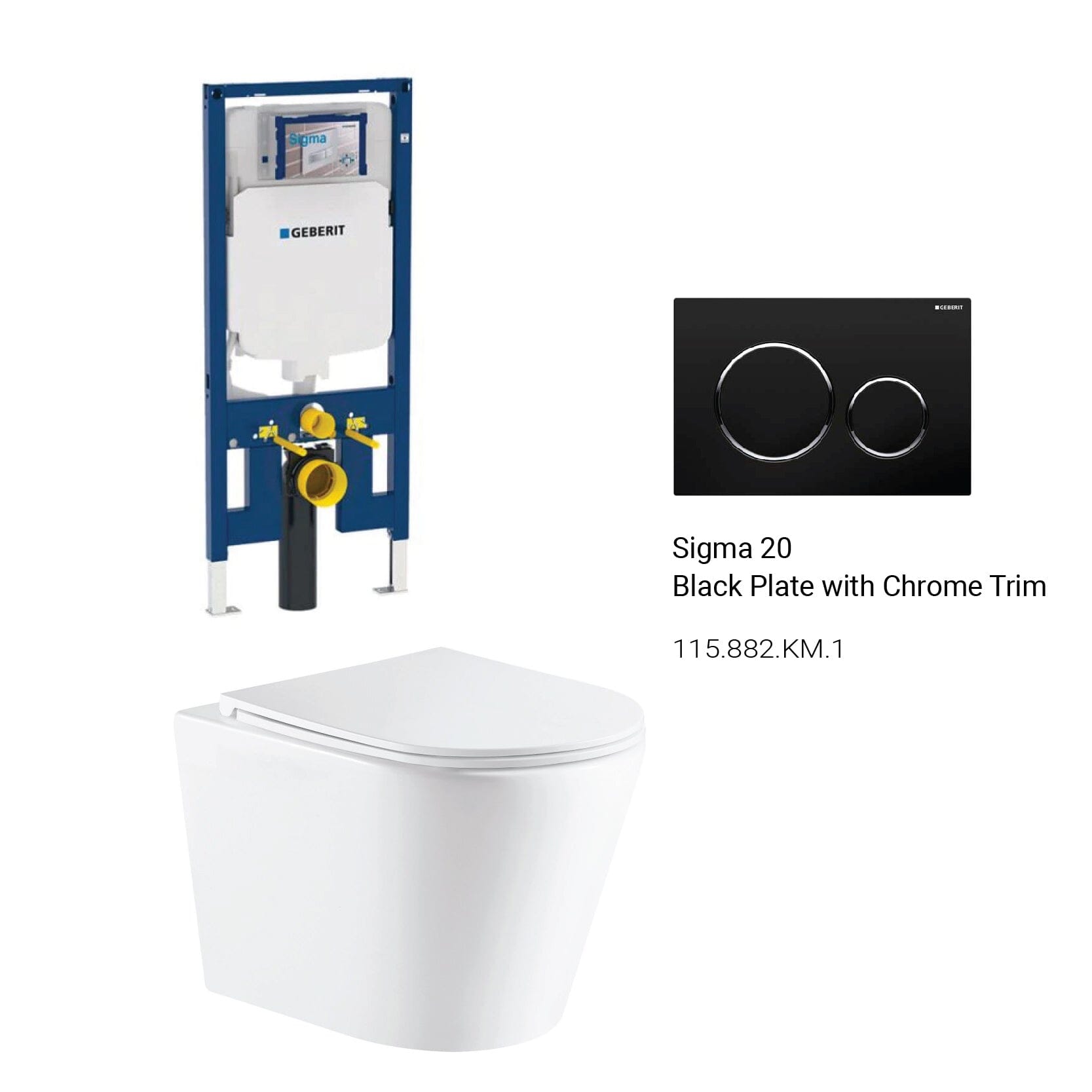 Yara51 Rimless Tornado Wall Hung Toilet Package - Geberit Sigma 8 Duofix In Wall Cistern & Round Button Toilets Arova Black plate with chrome trim 