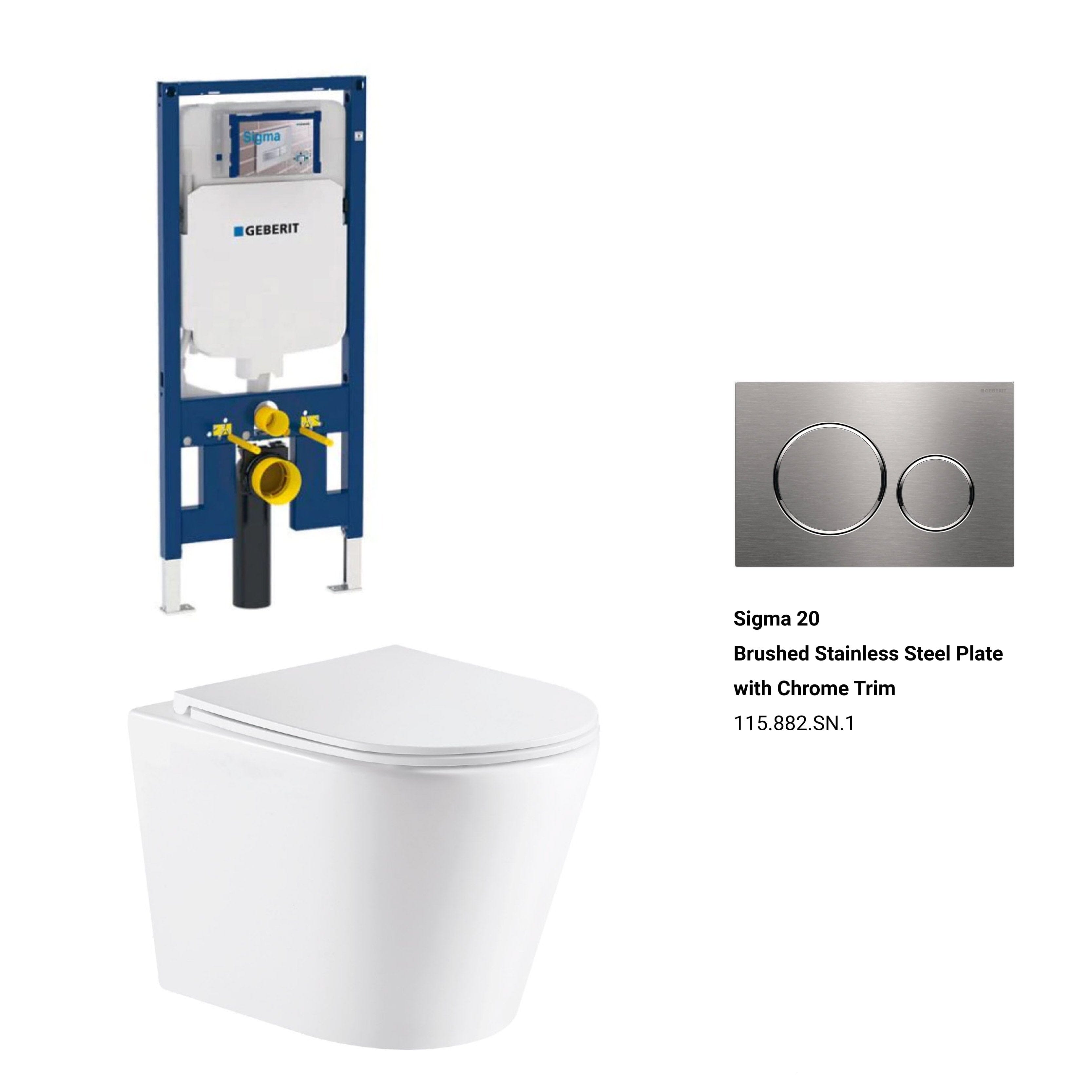 Yara51 Rimless Tornado Wall Hung Toilet Package - Geberit Sigma 8 Duofix In Wall Cistern & Round Button Toilets Arova Geberit Sigma 8 Duofix In Wall Cistern and Frame - 111.698.00.1 Sigma 20 Brushed Stainless Steel Plate with Chrome Trim-115.882.SN.1 