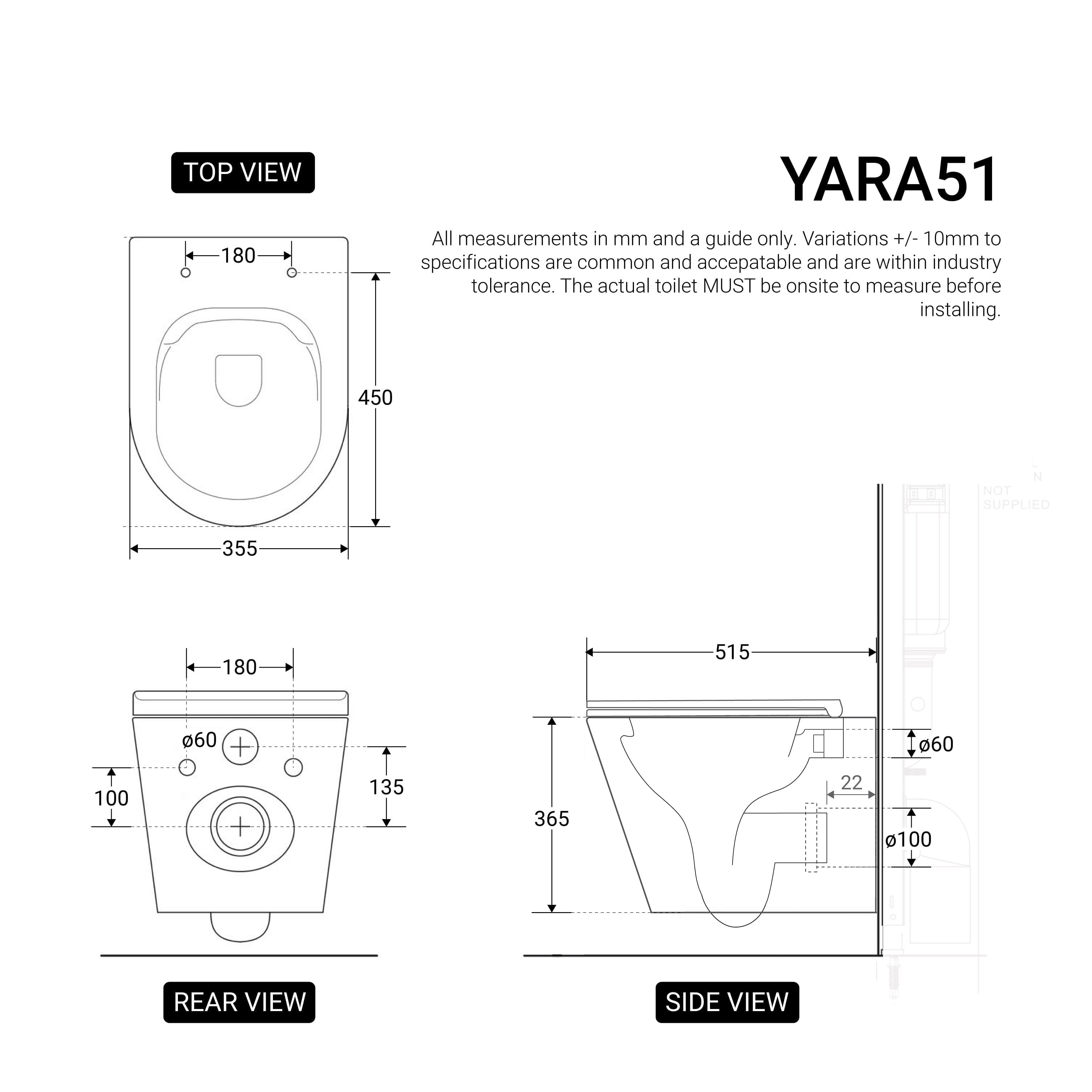 Yara51 Rimless Tornado Wall Hung Toilet Package - Geberit Sigma 8 Duofix In Wall Cistern & Square Button Toilets Arova 