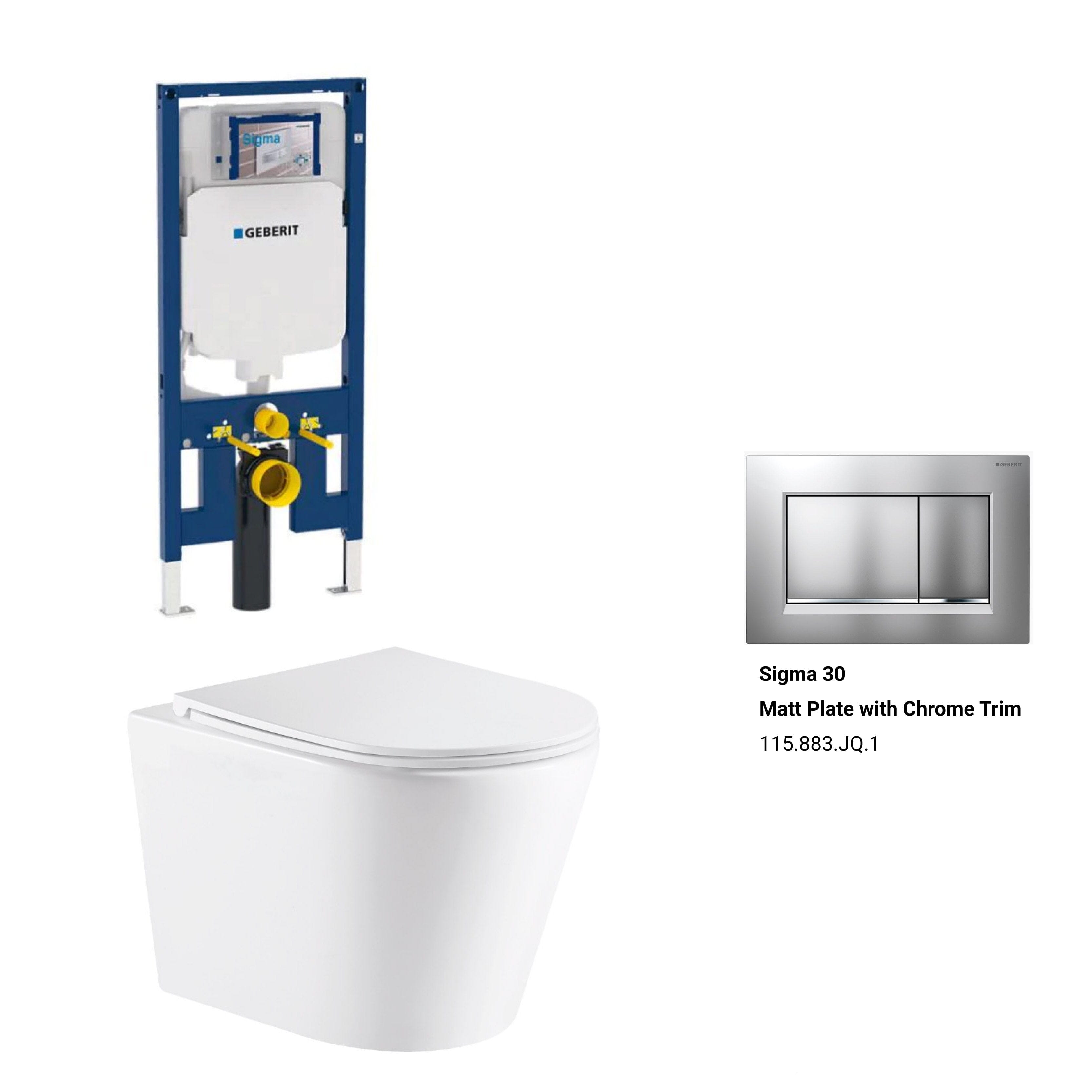 Yara51 Rimless Tornado Wall Hung Toilet Package - Geberit Sigma 8 Duofix In Wall Cistern & Square Button Toilets Arova Geberit Sigma 8 Duofix In Wall Cistern and Frame - 111.698.00.1 Sigma 30 Matt Plate with Chrome Trim-115.883.JQ.1 