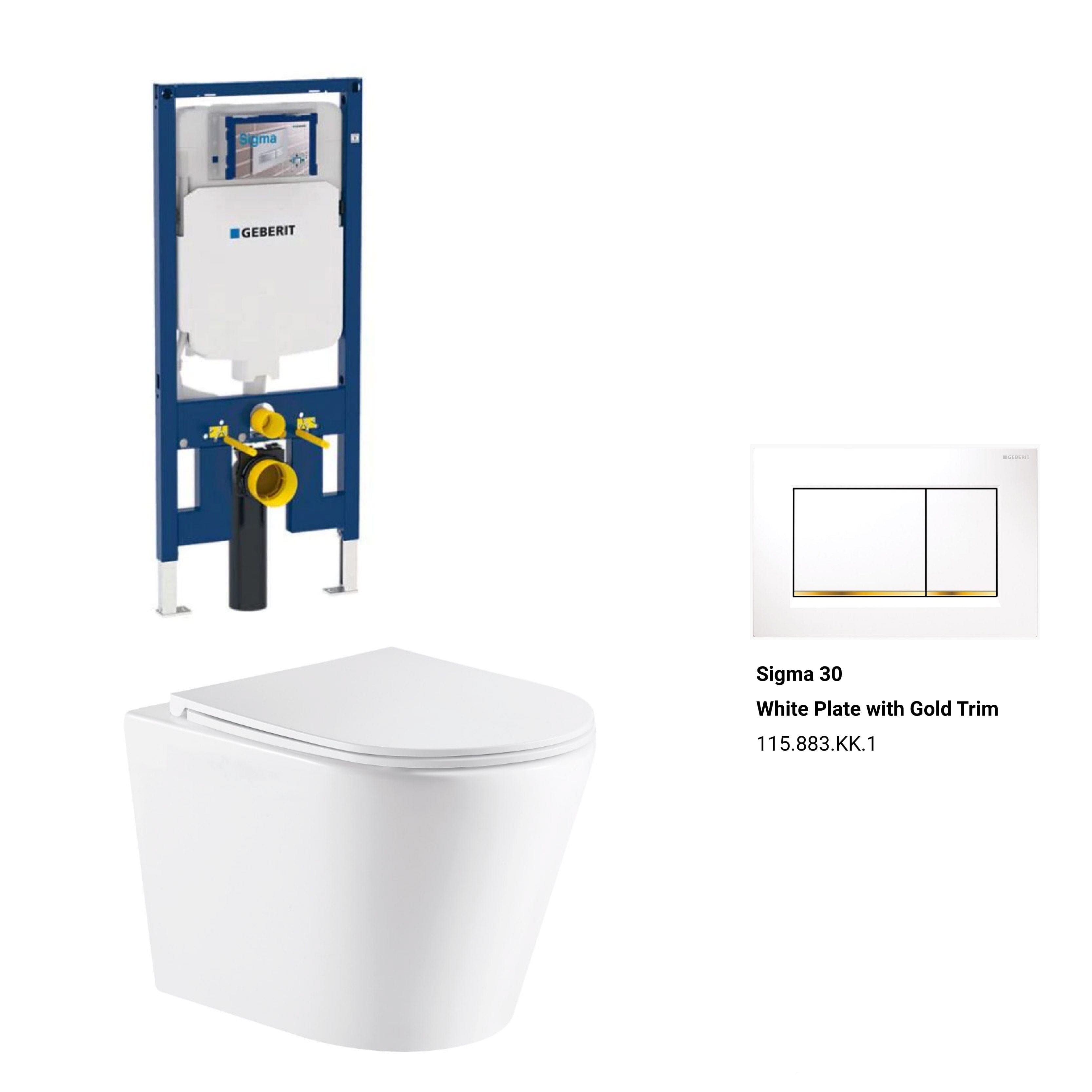 Yara51 Rimless Tornado Wall Hung Toilet Package - Geberit Sigma 8 Duofix In Wall Cistern & Square Button Toilets Arova Geberit Sigma 8 Duofix In Wall Cistern and Frame - 111.698.00.1 Sigma 30 White Plate with Gold Trim-115.883.KK.1 