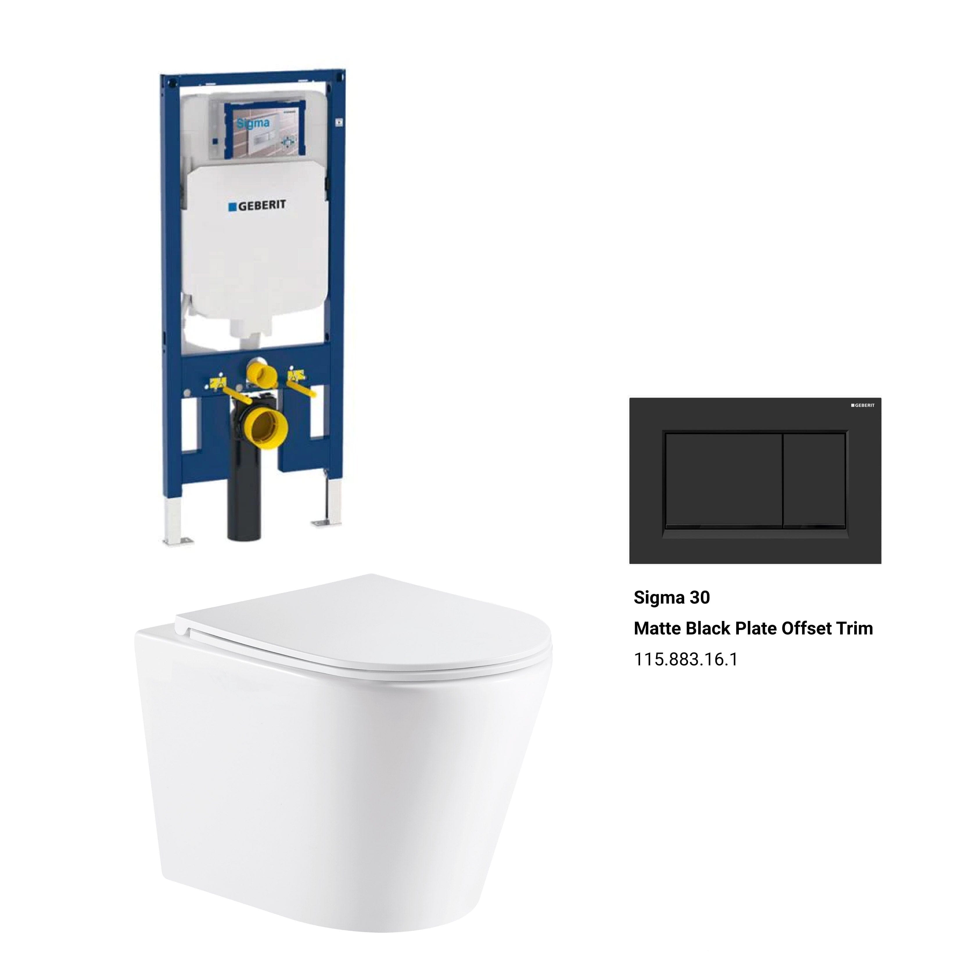 Yara51 Rimless Tornado Wall Hung Toilet Package - Geberit Sigma 8 Duofix In Wall Cistern & Square Button Toilets Arova Geberit Sigma 8 Duofix In Wall Cistern and Frame - 111.698.00.1 Sigma 30 Matte Black Plate Offset Trim-115.883.16.1 