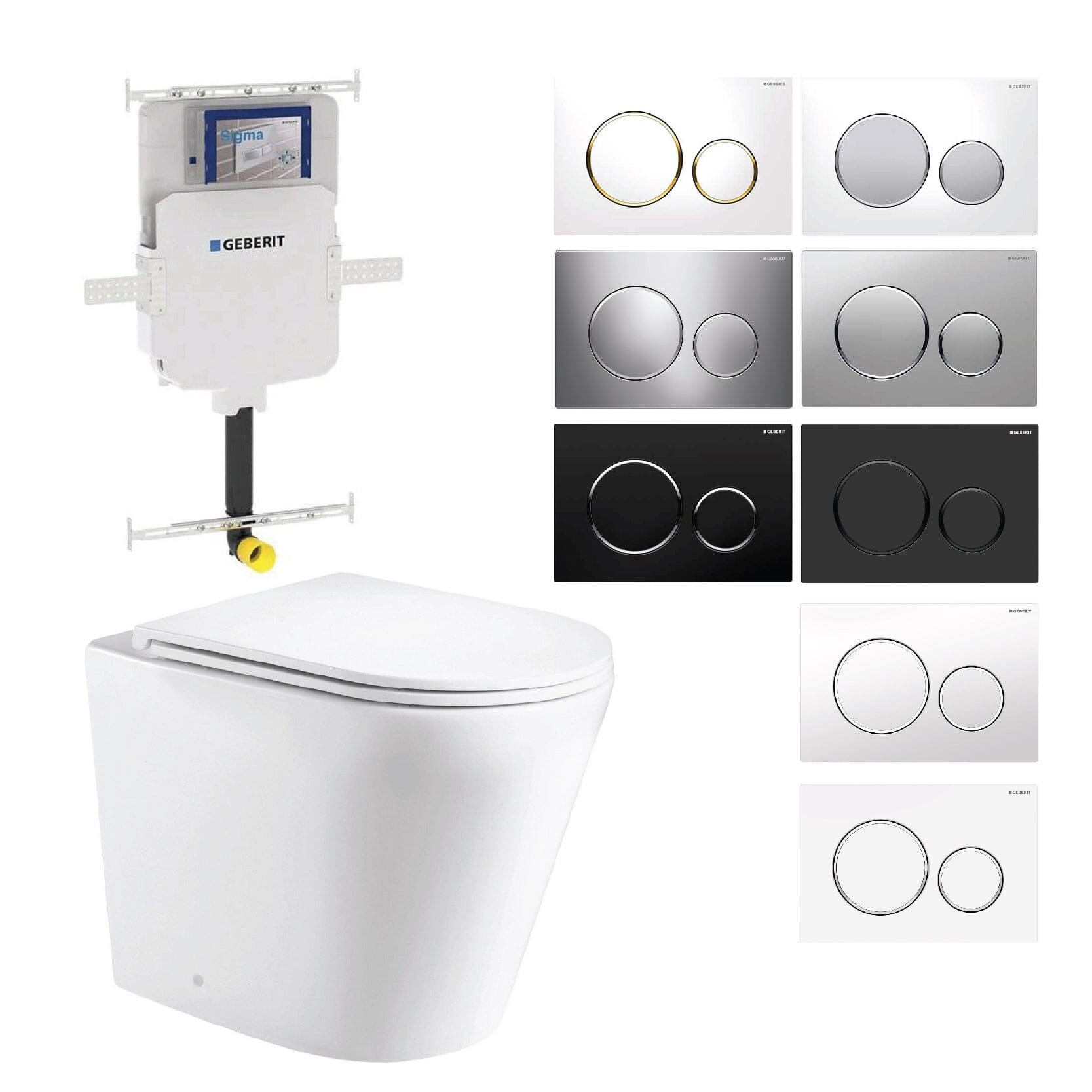 Yara58 Rimless Tornado Floor Mount Toilet Package - Geberit Sigma 8 Cistern & Round Button Toilets Arova 