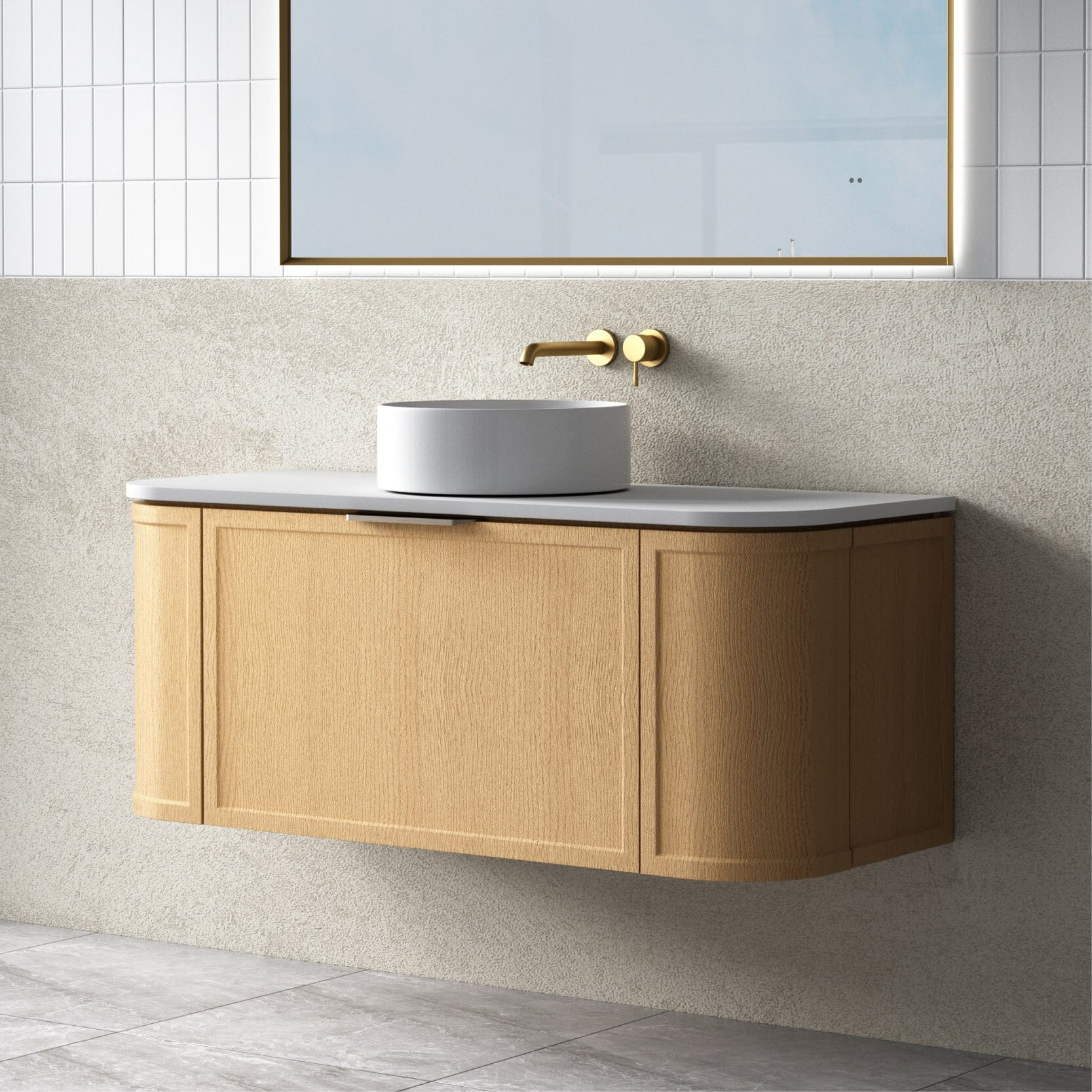 York 1200mm Curved Wall Hung Timber Vanity + Luxe Stone Top Arova 