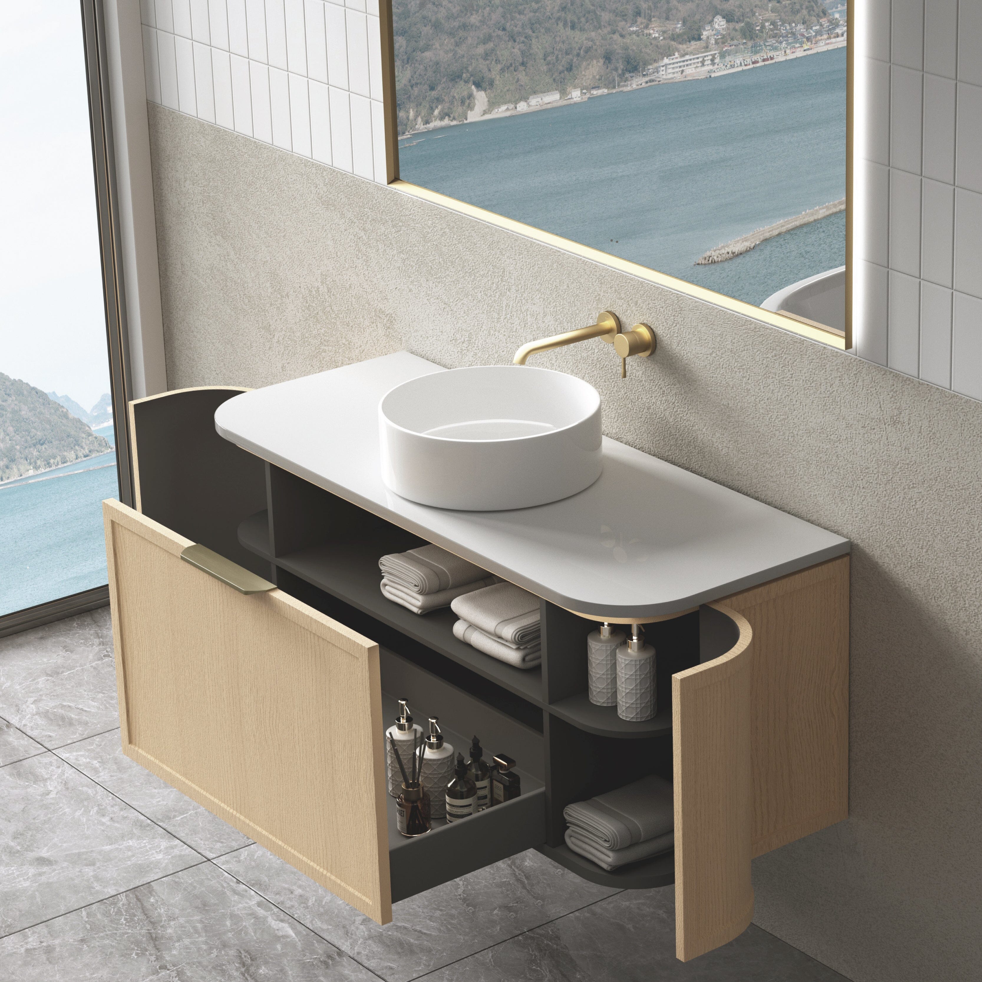 York 1200mm Curved Wall Hung Timber Vanity + Luxe Stone Top Arova 