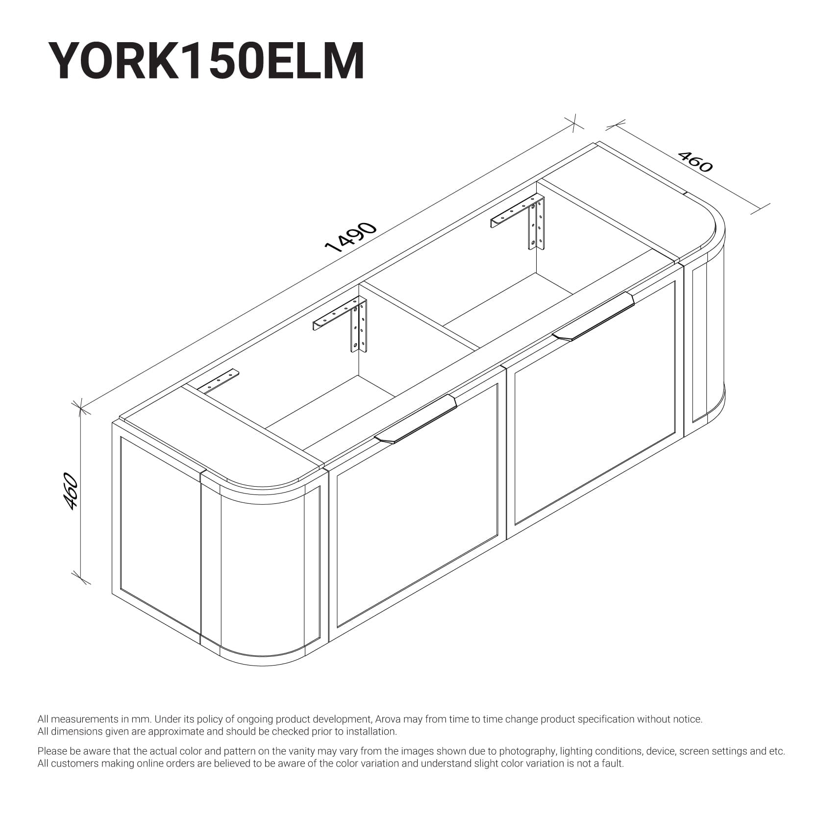 York 1500mm Curved Timber Wall Hung Bathroom Vanity Vanities Arova 