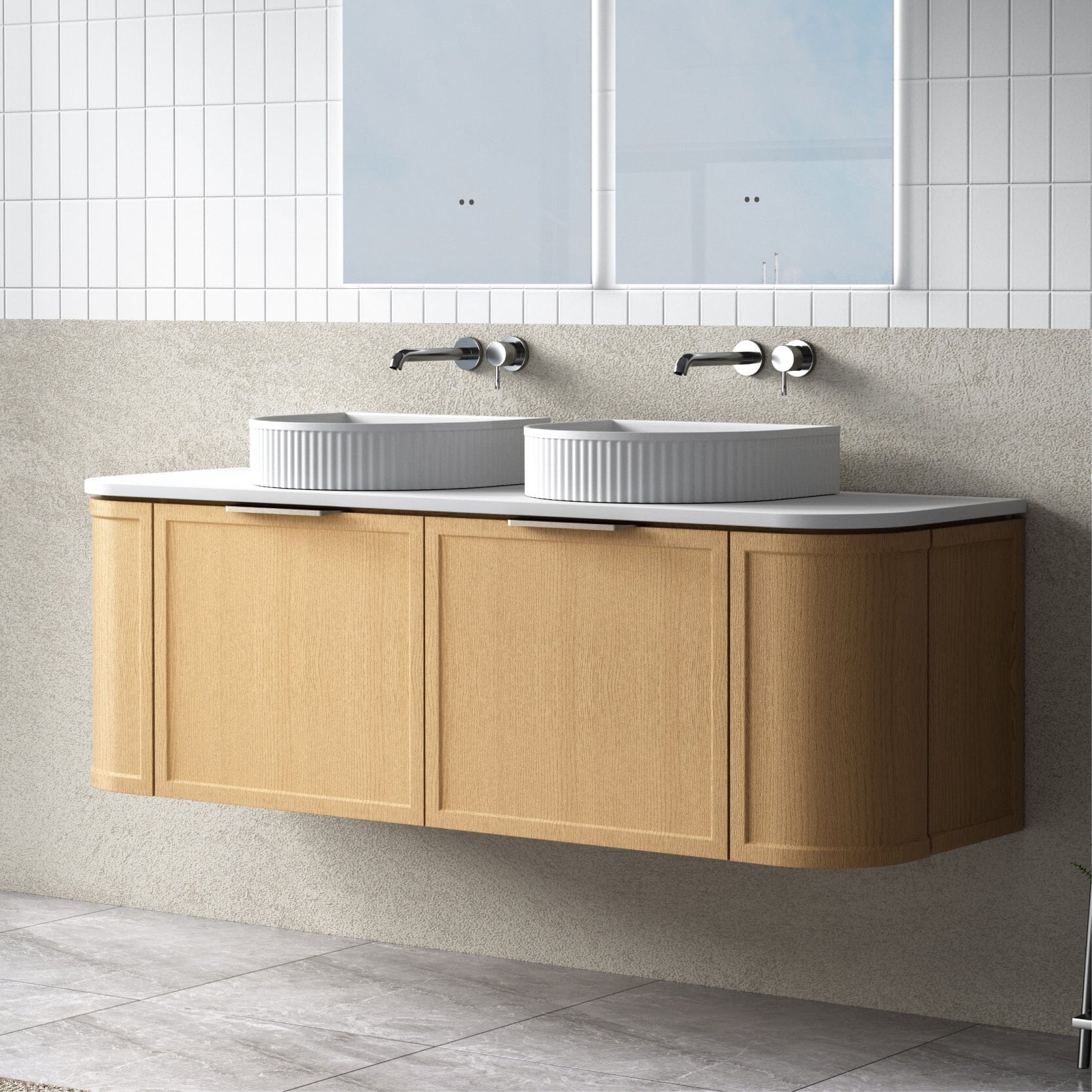 York 1500mm Curved Wall Hung Timber Vanity + Luxe Stone Top Arova 