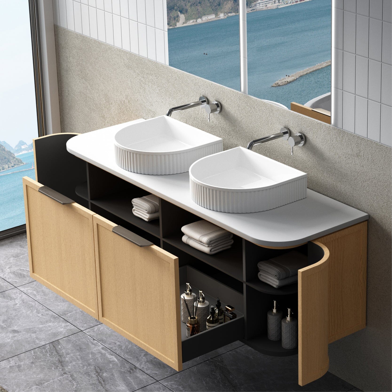 York 1500mm Curved Wall Hung Timber Vanity + Luxe Stone Top Arova 