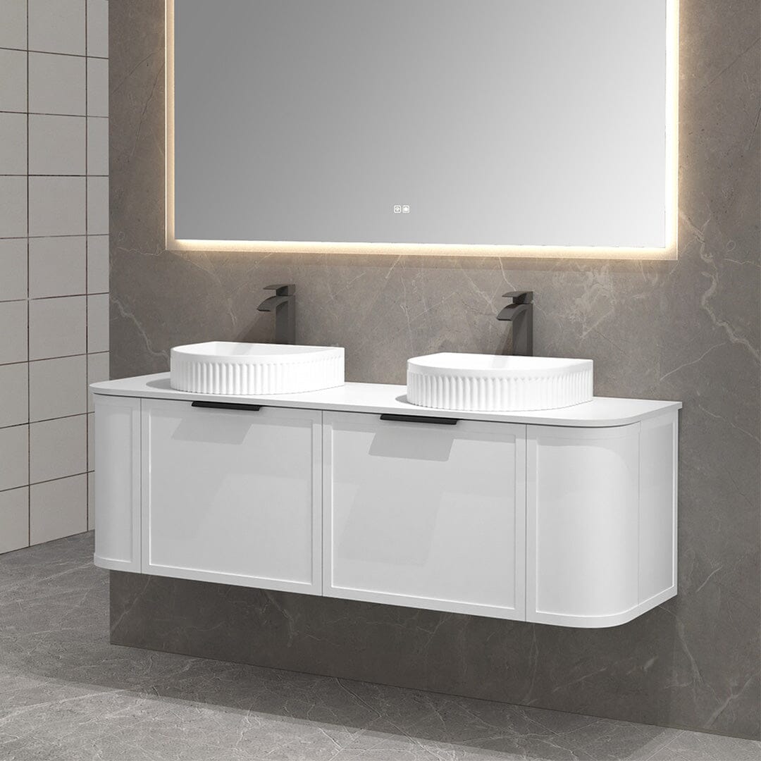 York 1500mm Curved Wall Hung Vanity Matte White Double Bowls Vanities Arova 