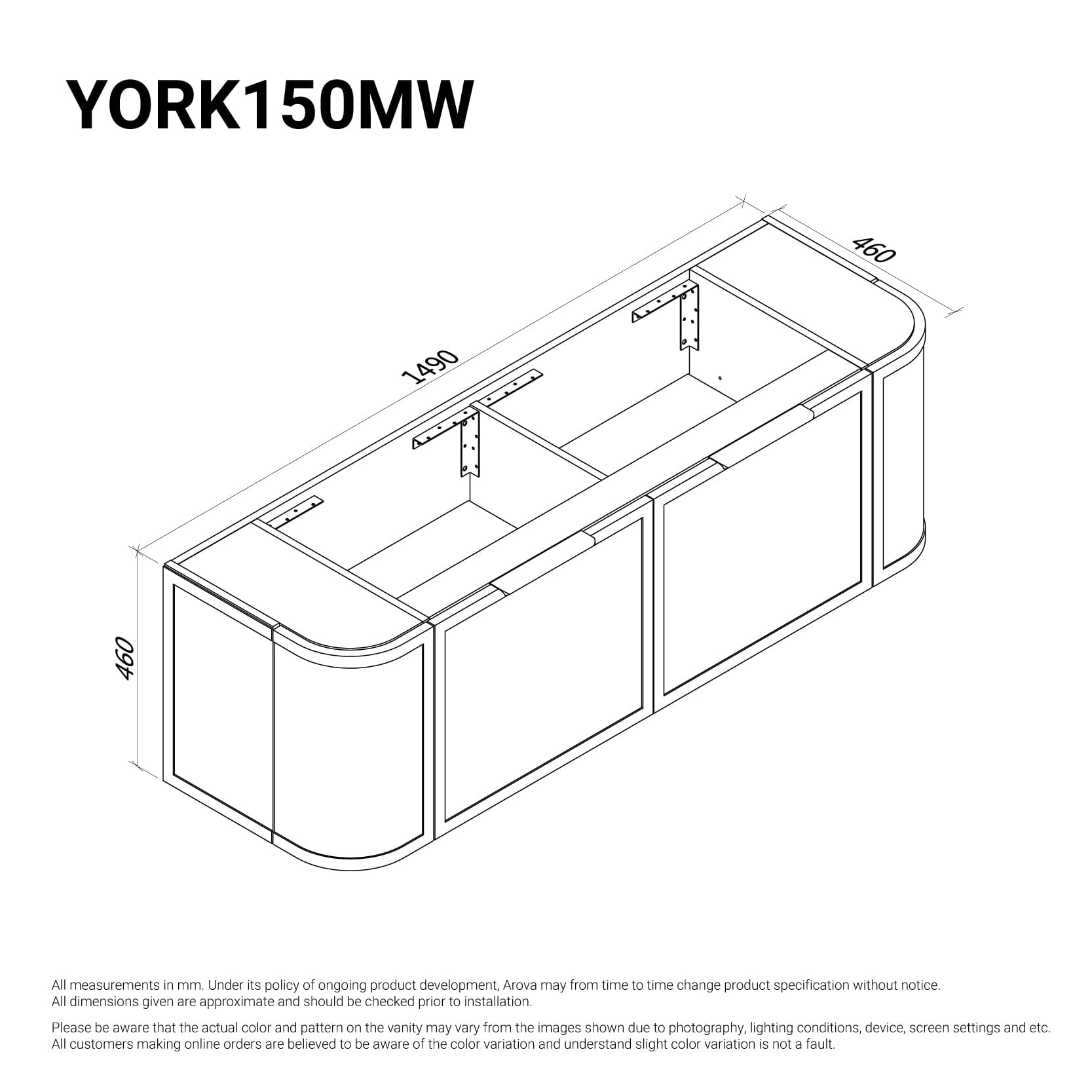 York 1500mm Curved Wall Hung Vanity Matte White Double Bowls Vanities Arova 