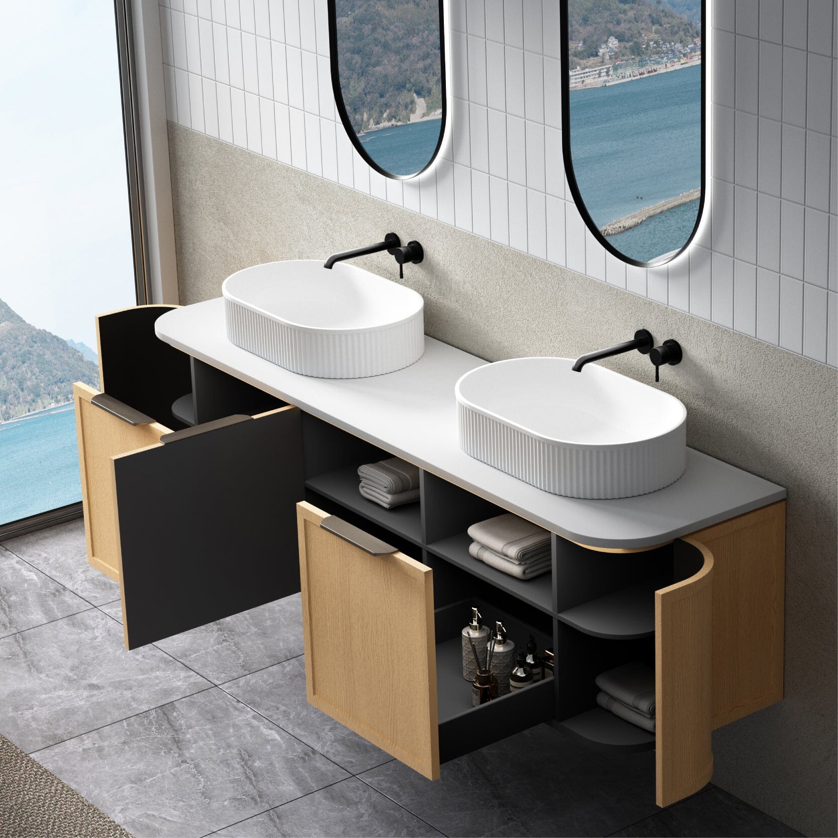 York 1800mm Curved Wall Hung Bathroom Vanity Timber Vanities Arova 