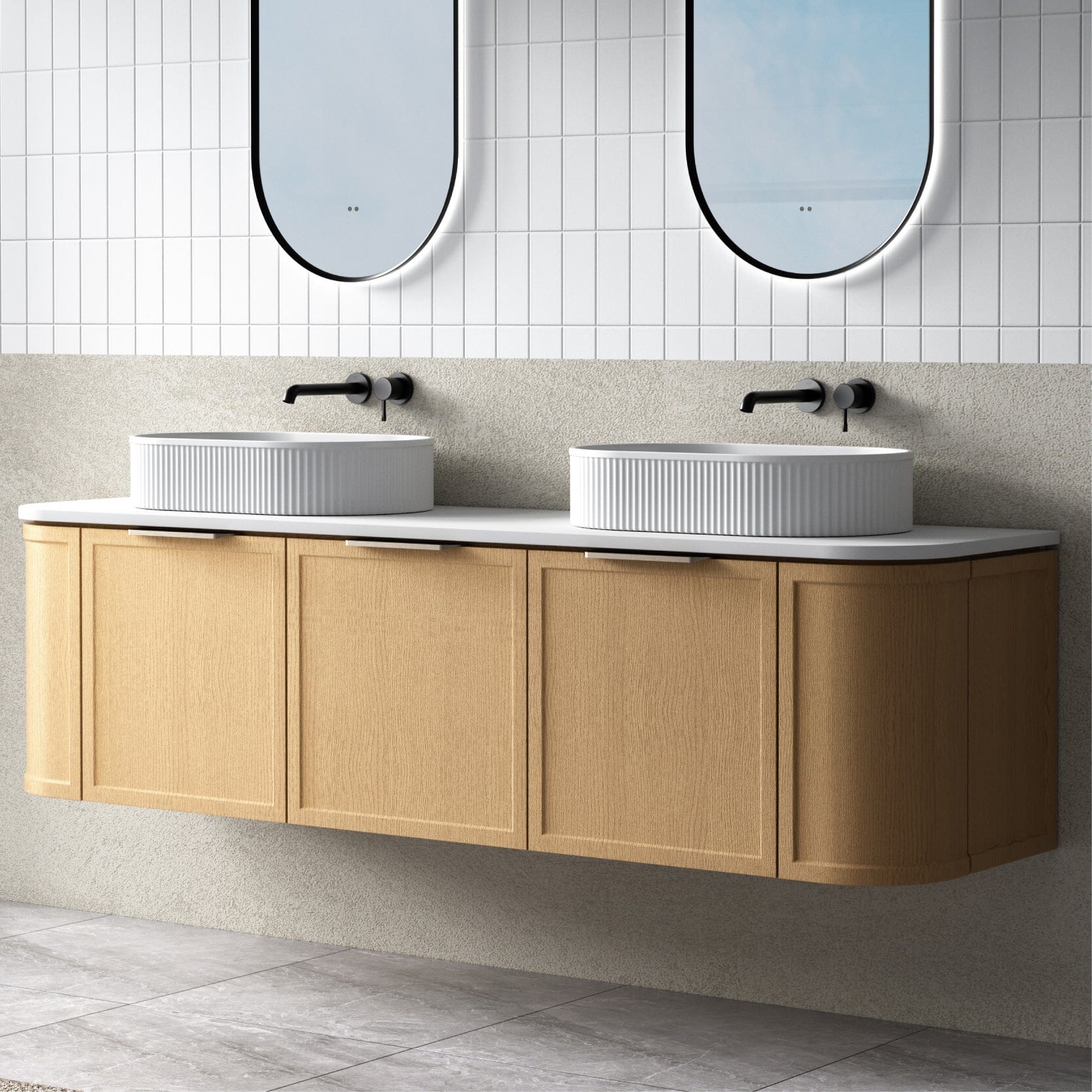 York 1800mm Curved Wall Hung Timber Vanity + Luxe Stone Top Arova 