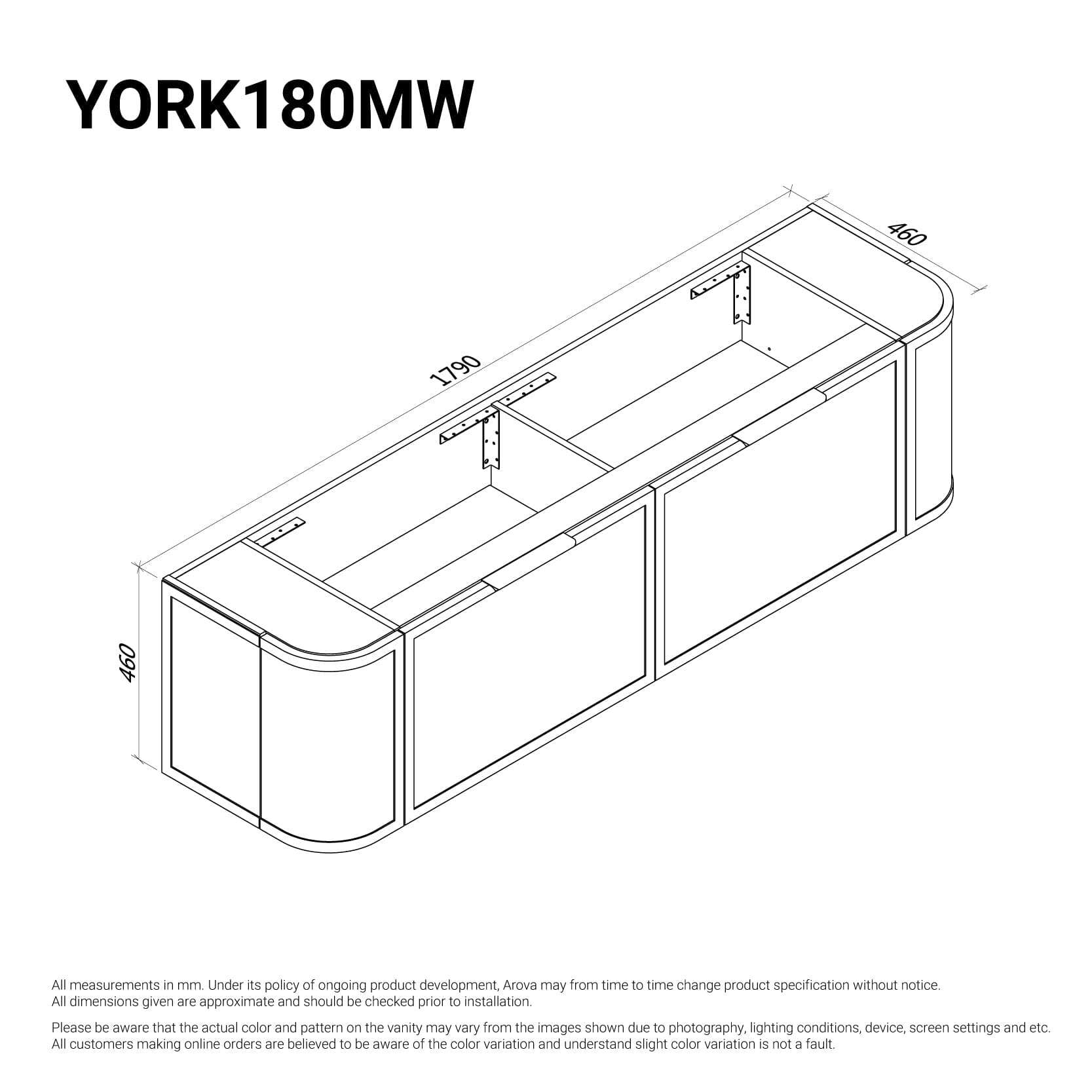 York 1800mm Curved Wall Hung Vanity Matte White Double Bowls Vanities Arova 