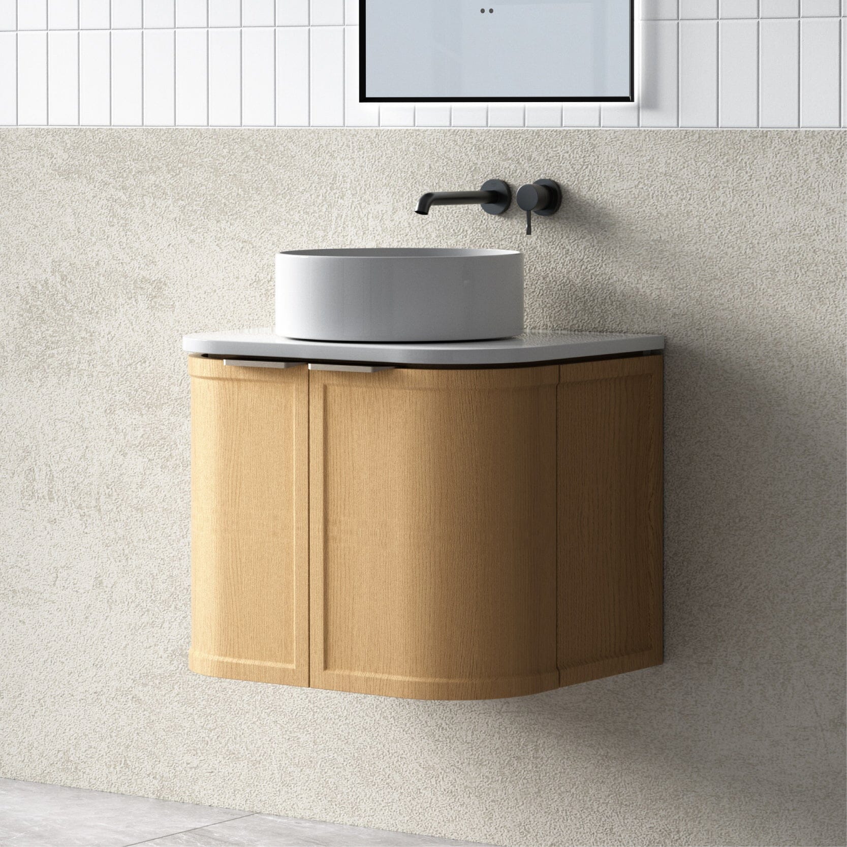 York 600mm Curved Wall Hung Timber Vanity + Luxe Stone Top Arova 