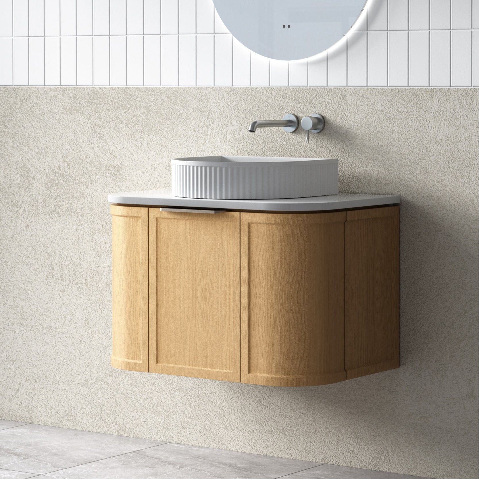 York 750mm Curved Wall Hung Timber Vanity + Luxe Stone Top Arova 