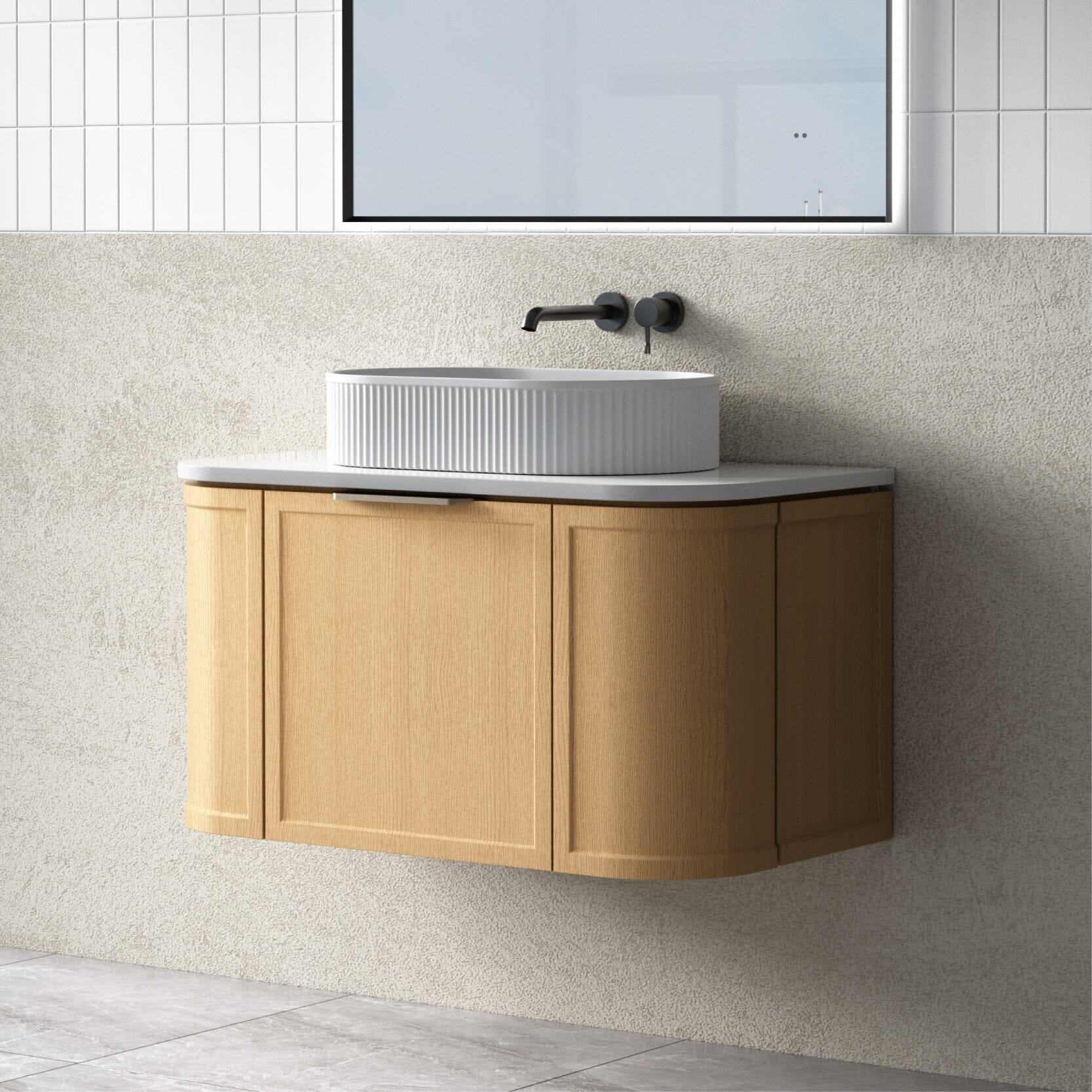 York 900mm Curved Wall Hung Timber Vanity + Luxe Stone Top Arova 