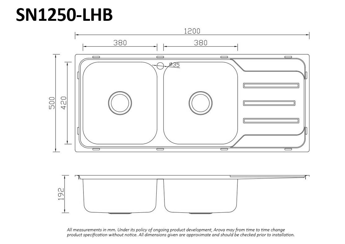 Stainless Steel Double Bowl Kitchen Sink With Drainer Board One Taphole 1200x500mm Melbourne AROVA