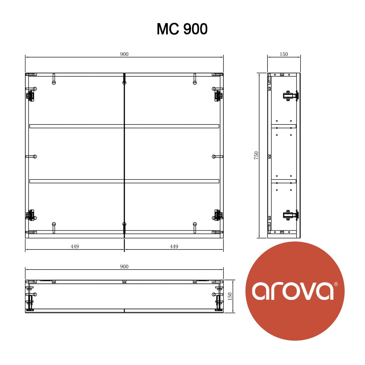 90cm Shaving Mirror Cabinet 2 Door- MC900 Vanities & Mirrors Arova 