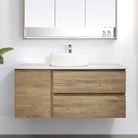 ALBANY 120cm Oak Timber Wall Hung Vanity Vanities & Mirrors Arova Bliss Quartz Stone Top CB1108N-Round Gloss White Basin 