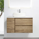 ALBANY 90cm Oak Timber Wall Hung Vanity Vanities & Mirrors Arova BLISS Speckled Stone Top CB1108N-Round Gloss White Basin 