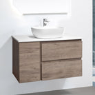 ALBANY 90cm Oak Timber Wall Hung Vanity Vanities & Mirrors Arova LUXE Stone Top CB1108N-Round Gloss White Basin 