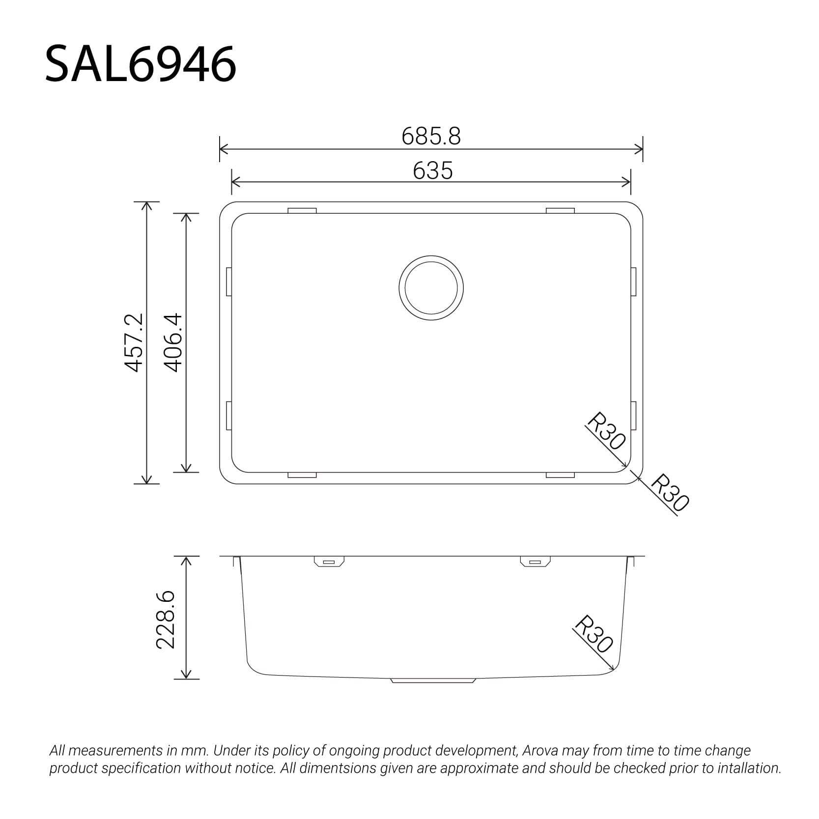 Alto 685mm Stainless Steel Kitchen Laundry Sink Single Bowl Top / Undermount Sinks Arova 