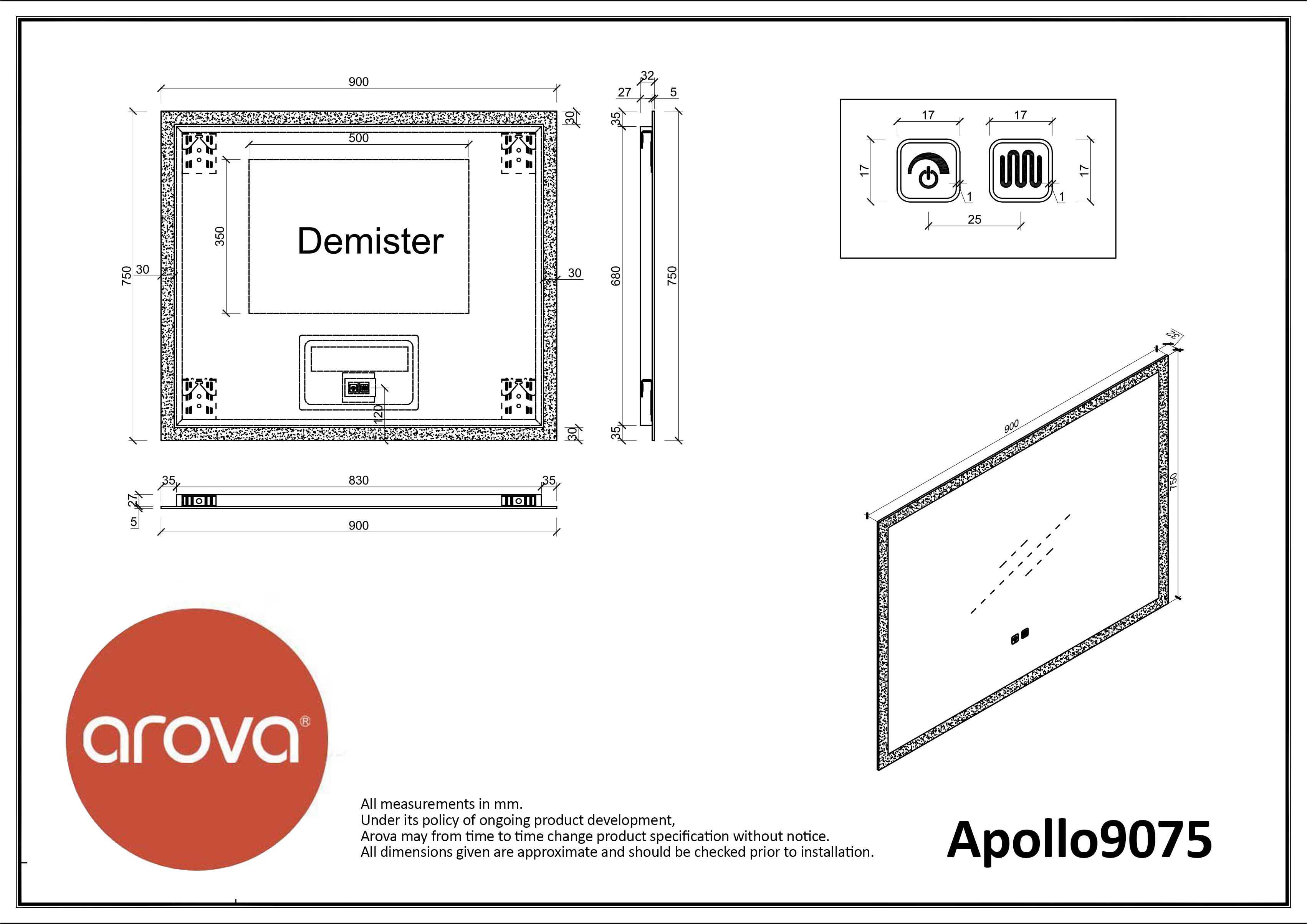 Apollo Rectangle Backlit LED Bathroom Mirror 90cm x 75cm Vanities & Mirrors Arova 