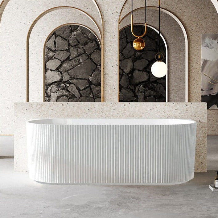  1500mm Back To Wall Fluted Freestanding Bathtub Gloss White AROVA 