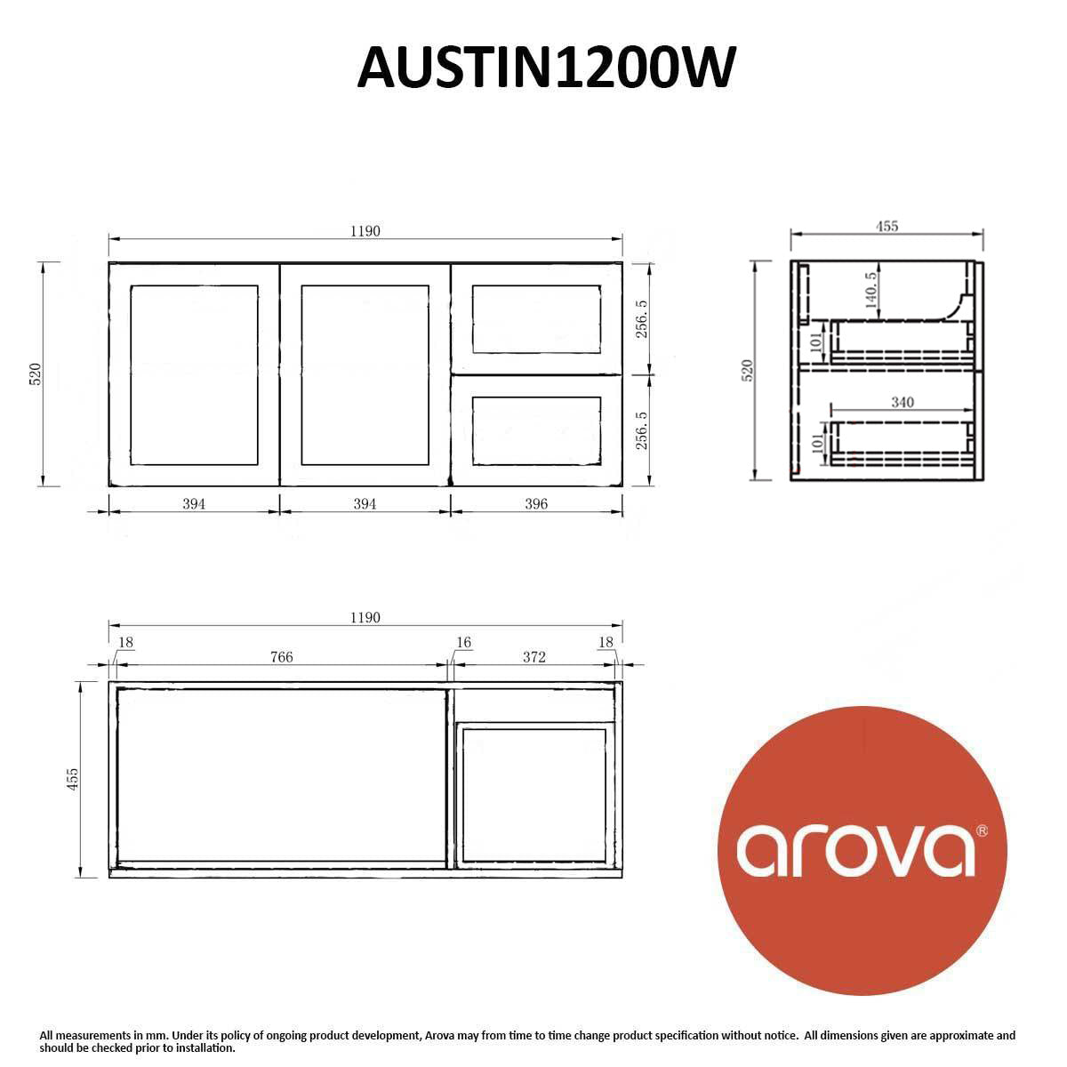 AUSTIN 120cm Wall Hung Bathroom Vanity Vanities & Mirrors Arova 