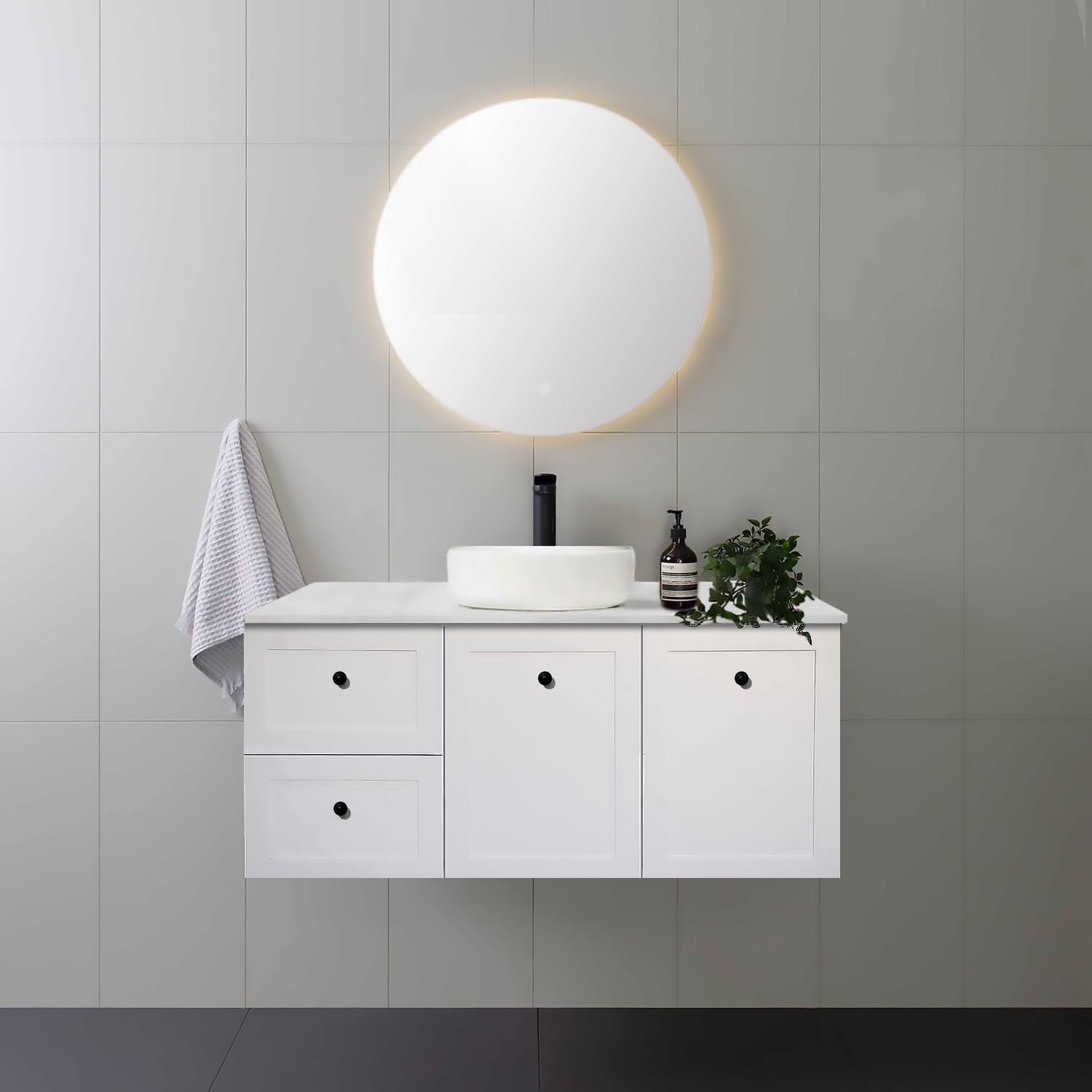 AUSTIN 120cm Wall Hung Bathroom Vanity Vanities & Mirrors Arova BLISS Speckled Stone Top Left Hand Side CB1108N-Round Gloss White Basin