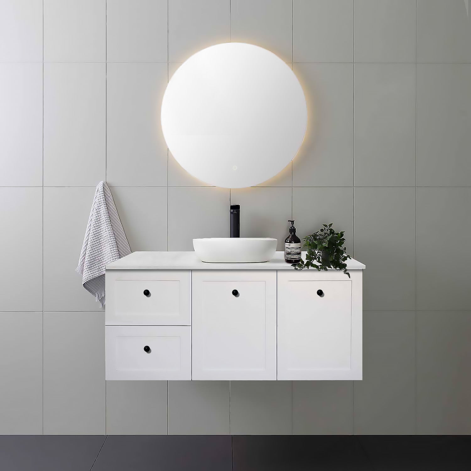 AUSTIN 120cm Wall Hung Bathroom Vanity Vanities & Mirrors Arova BLISS Speckled Stone Top Left Hand Side CB1201N-Square Gloss White Basin