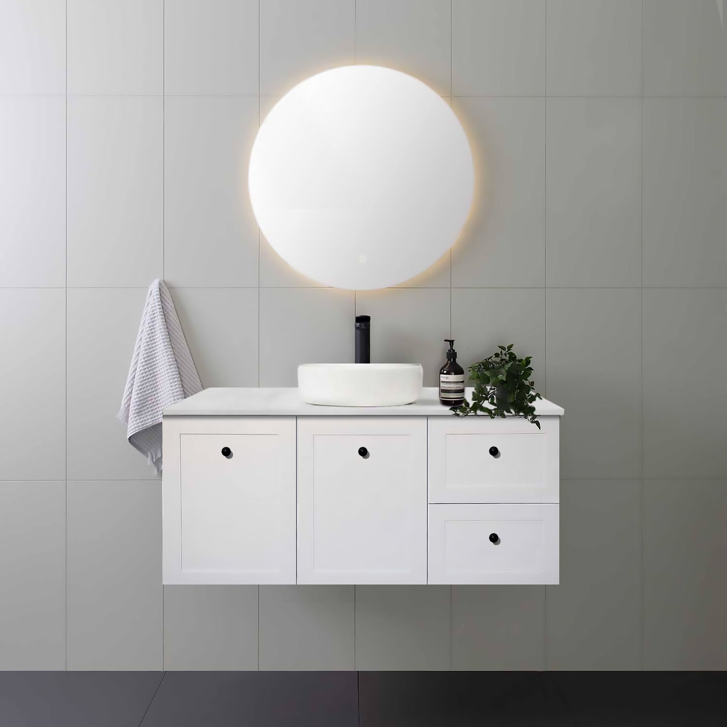 AUSTIN 120cm Wall Hung Bathroom Vanity Vanities & Mirrors Arova BLISS Speckled Stone Top Right Hand Side CB1108N-Round Gloss White Basin