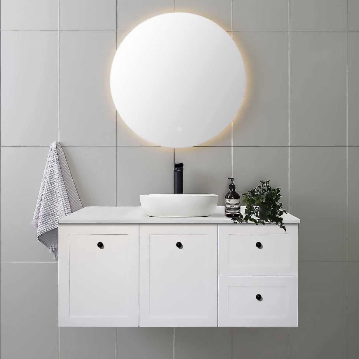 AUSTIN 120cm Wall Hung Bathroom Vanity Vanities & Mirrors Arova BLISS Speckled Stone Top Right Hand Side CB1201N-Square Gloss White Basin