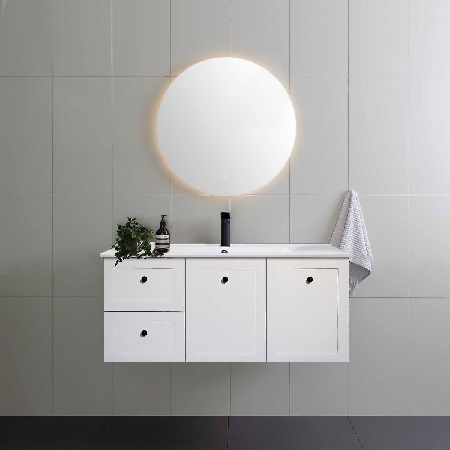 AUSTIN 120cm Wall Hung Bathroom Vanity Vanities & Mirrors Arova Ceramic Single Bowl Top Left Hand Side -