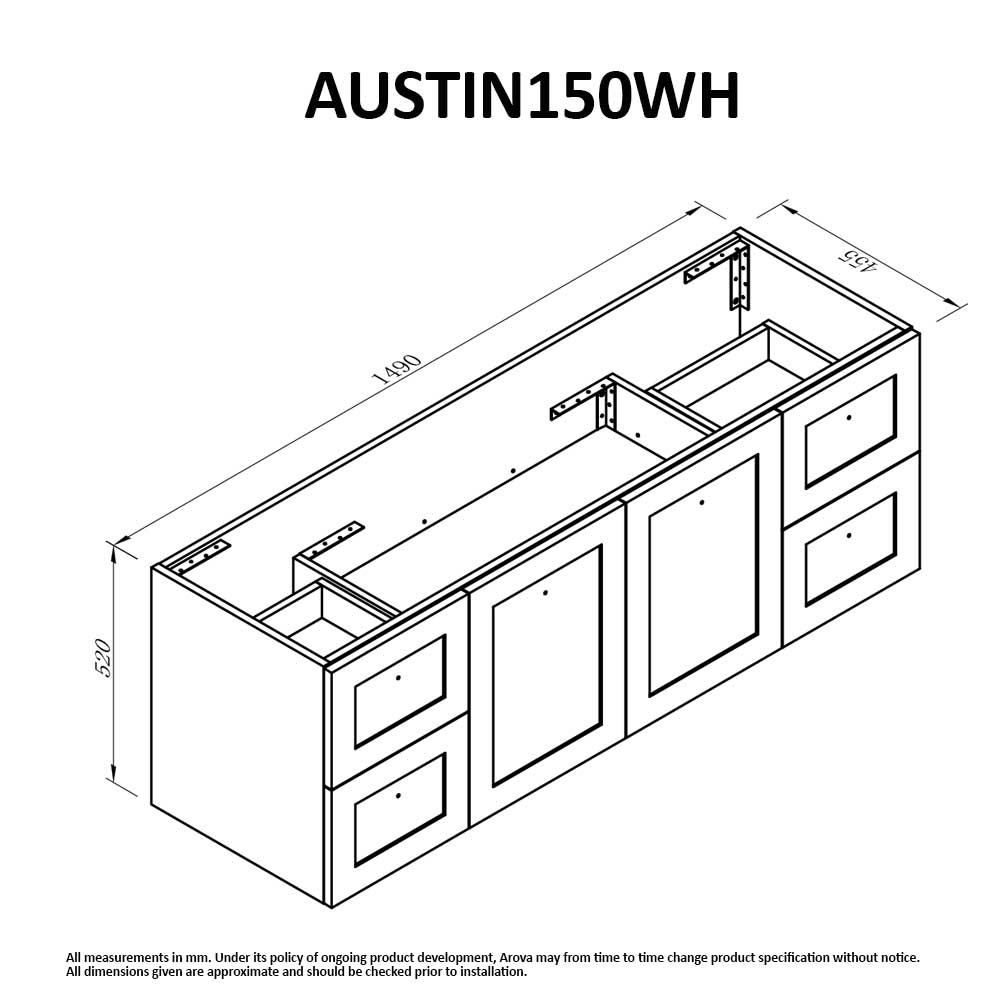 AUSTIN 150cm Wall Hung Bathroom Vanity Vanities & Mirrors Arova 