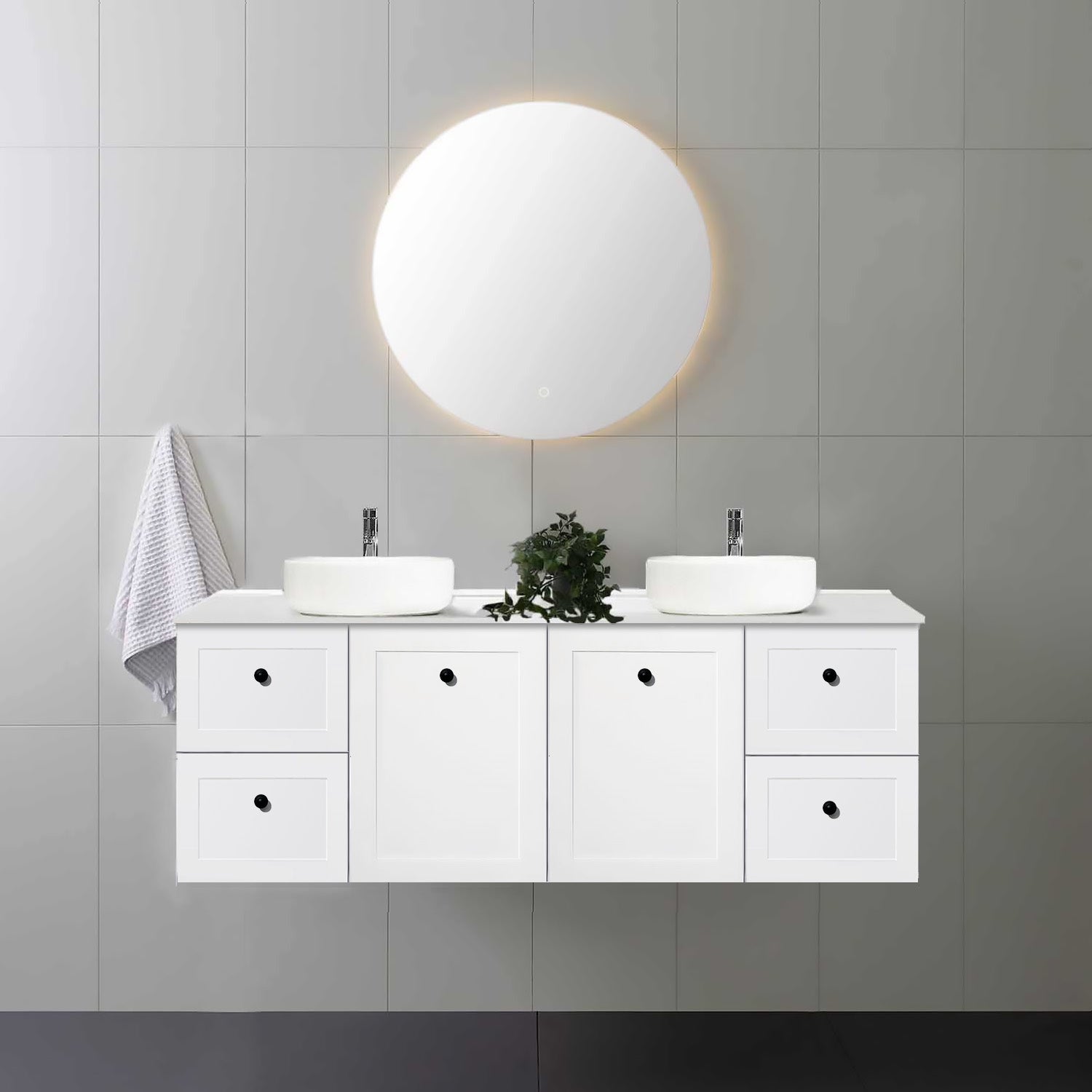 AUSTIN 150cm Wall Hung Bathroom Vanity Vanities & Mirrors Arova BLISS Speckled Stone Top 2XCB1108N-Round Gloss White Basin 