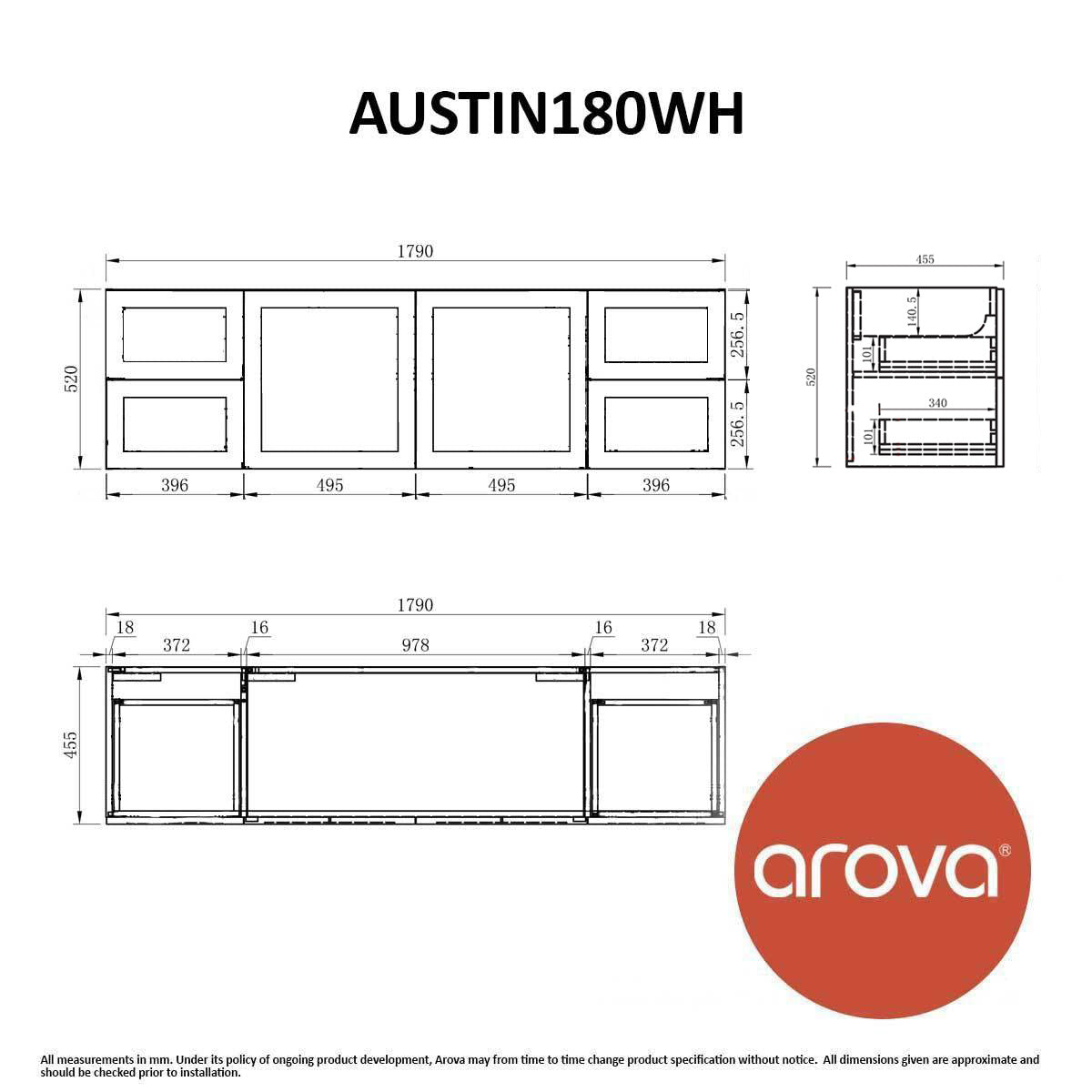 AUSTIN 180cm Wall Hung Bathroom Vanity Vanities & Mirrors Arova 