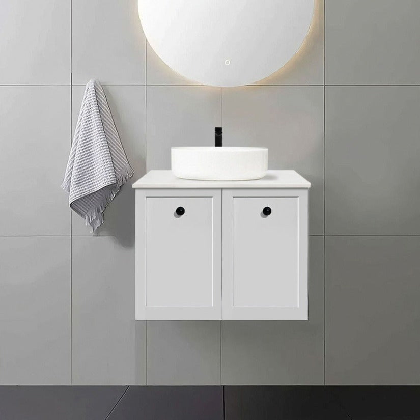 AUSTIN 60cm Wall Hung Bathroom Vanity Vanities & Mirrors Arova BLISS Speckled Stone Top CB1108N-Round Gloss White Basin 