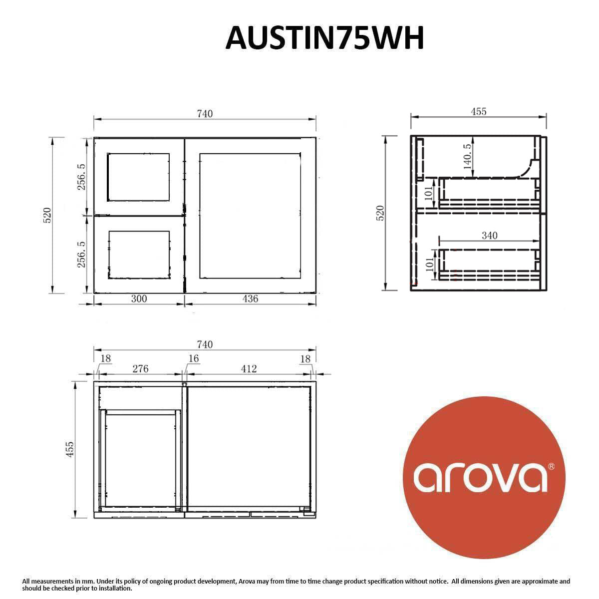 AUSTIN 75cm Wall Hung Bathroom Vanity Vanities & Mirrors Arova 