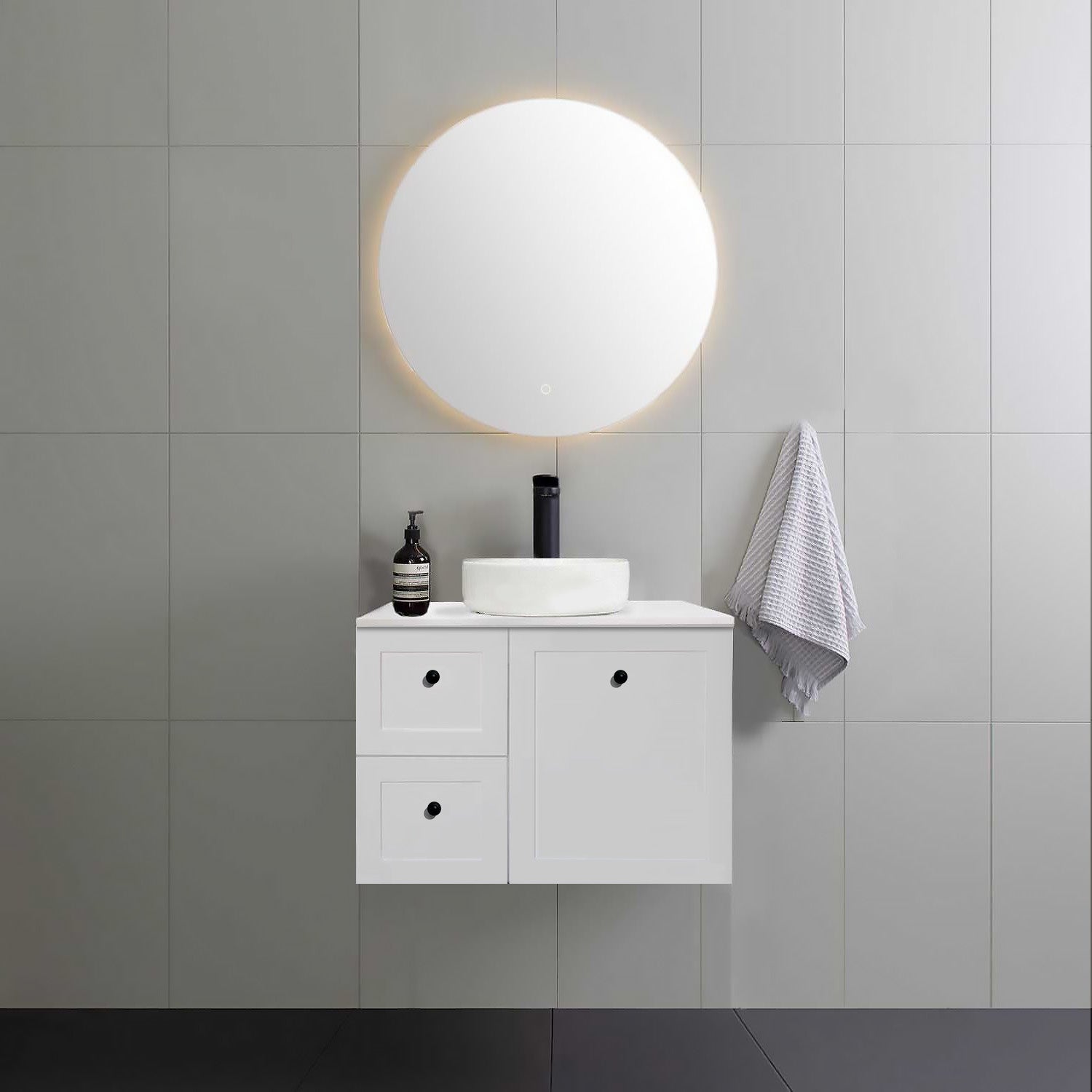 AUSTIN 75cm Wall Hung Bathroom Vanity Vanities & Mirrors Arova BLISS Speckled Stone Top Left Hand Side CB1108N-Round Gloss White Basin