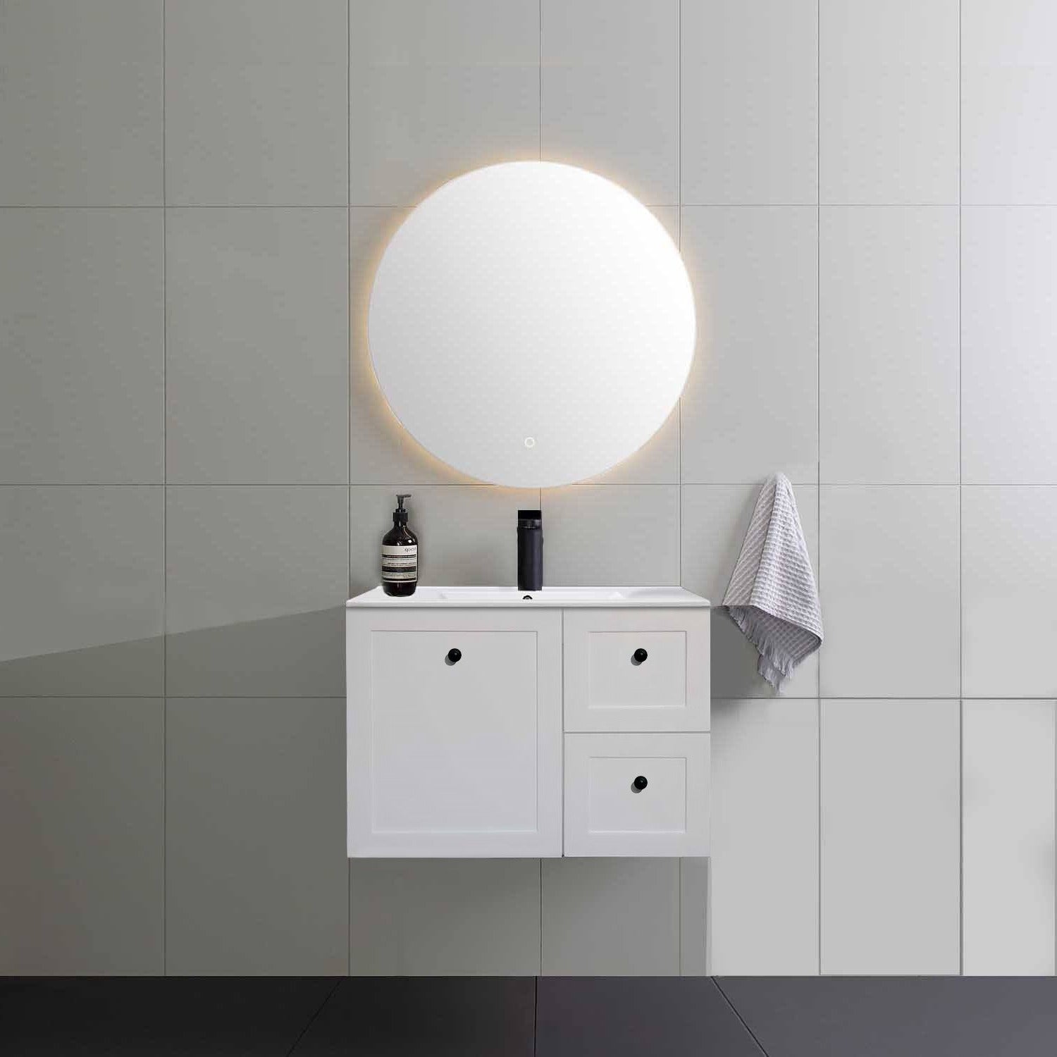 AUSTIN 75cm Wall Hung Bathroom Vanity Vanities & Mirrors Arova Ceramic Top with Integrated Basin Right Hand Side -