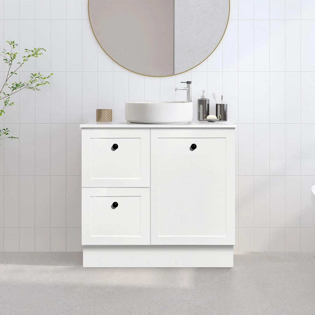 AUSTIN 90cm Floor Standing Bathroom Vanity Vanities & Mirrors Arova BLISS Speckled Stone Top Left Hand Side CB1108NM-Round Matte White Basin