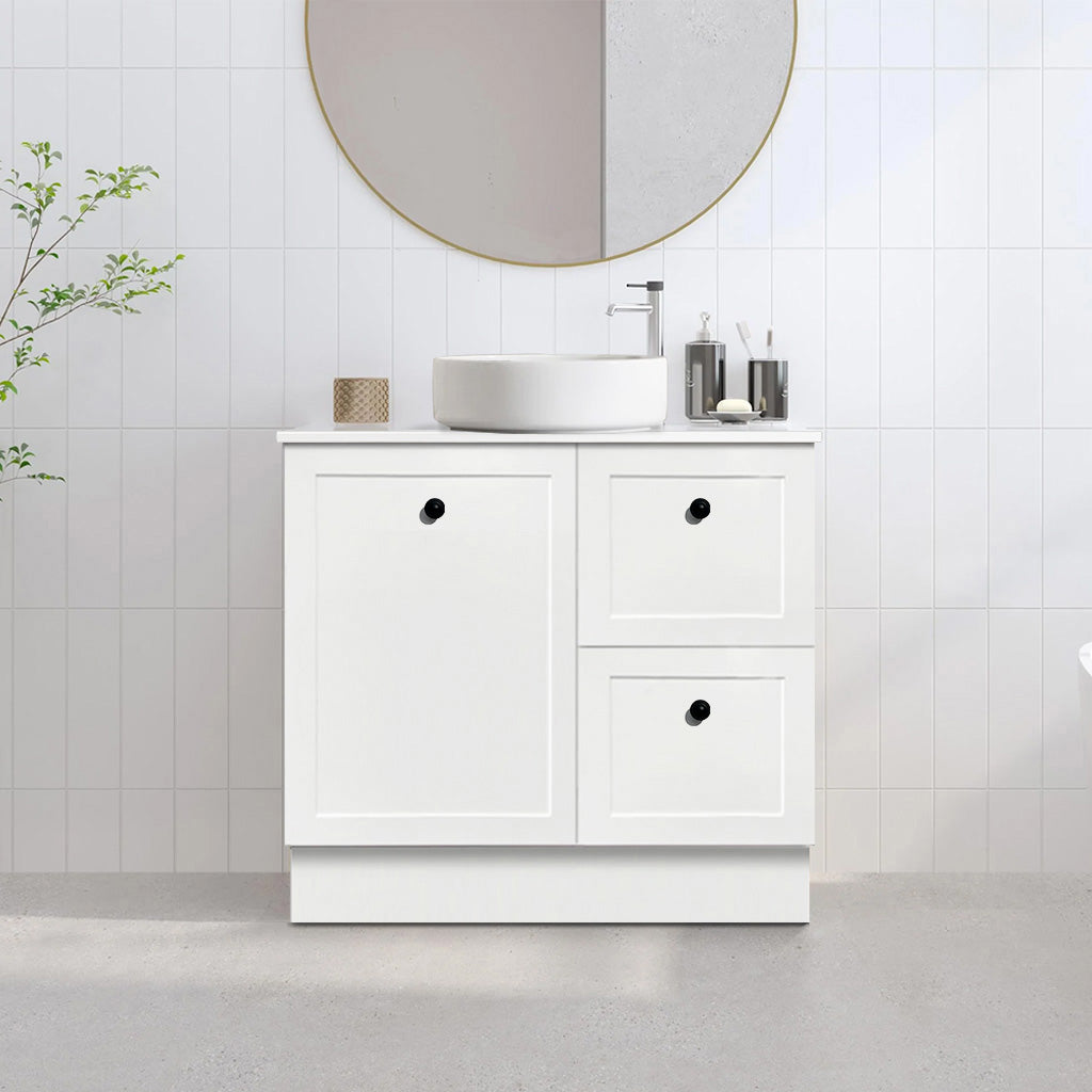 AUSTIN 90cm Floor Standing Bathroom Vanity Vanities & Mirrors Arova BLISS Speckled Stone Top Right Hand Side CB1108N-Round Gloss White Basin