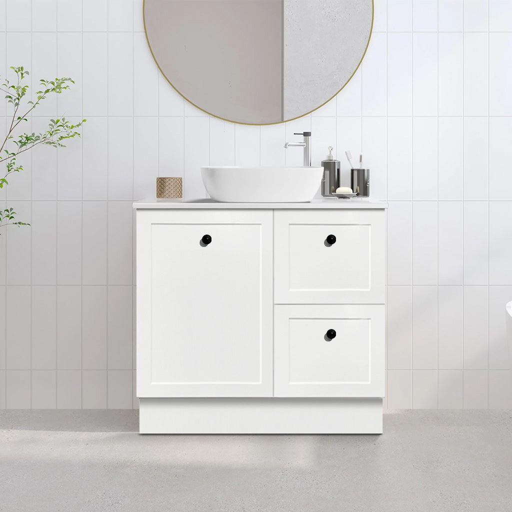 AUSTIN 90cm Floor Standing Bathroom Vanity Vanities & Mirrors Arova BLISS Speckled Stone Top Right Hand Side CB1201N-Square Gloss White Basin