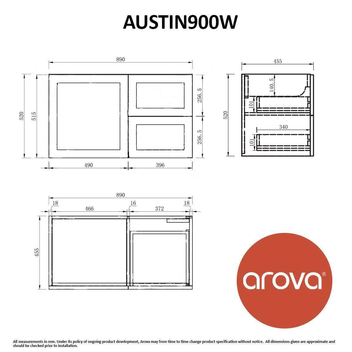 AUSTIN 90cm Wall Hung Bathroom Vanity Vanities & Mirrors Arova 