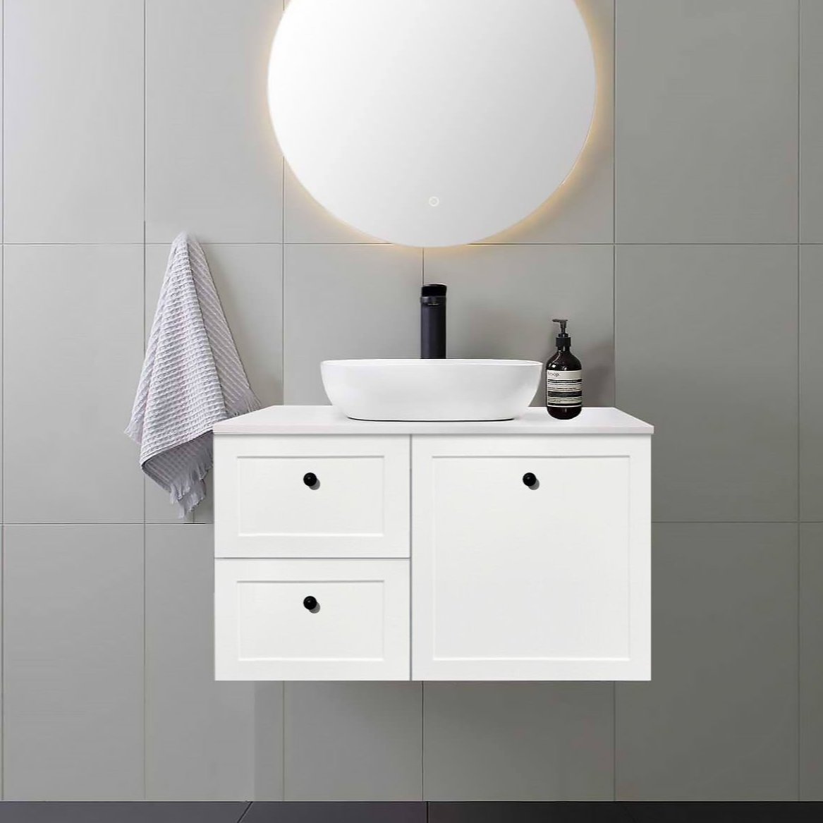 AUSTIN 90cm Wall Hung Bathroom Vanity Vanities & Mirrors Arova BLISS Speckled Stone Top Left Hand Side CB1201N-Square Gloss White Basin