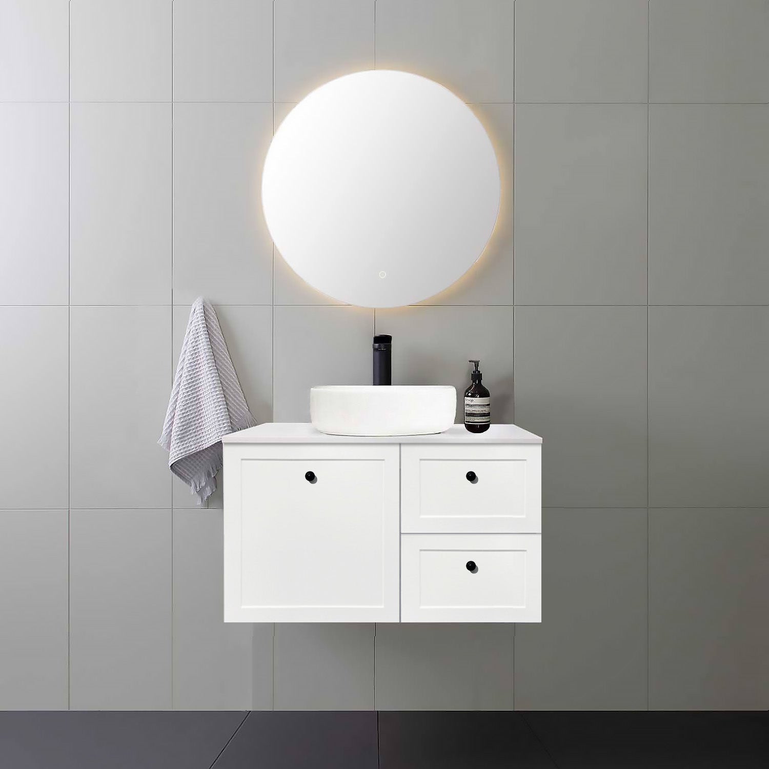 AUSTIN 90cm Wall Hung Bathroom Vanity Vanities & Mirrors Arova BLISS Speckled Stone Top Right Hand Side CB1108N-Round Gloss White Basin